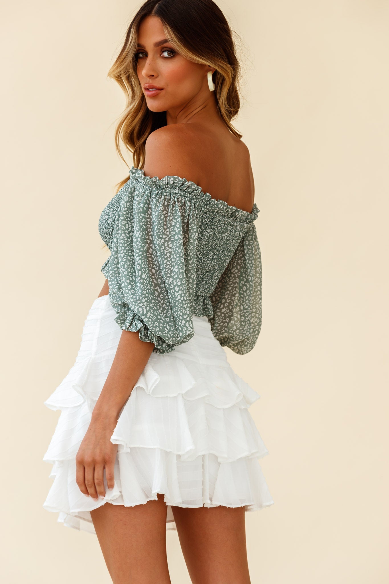 Meet Cute Shirred Bust Off-Shoulder Crop Top Speckle Print Olive by Selfie Leslie