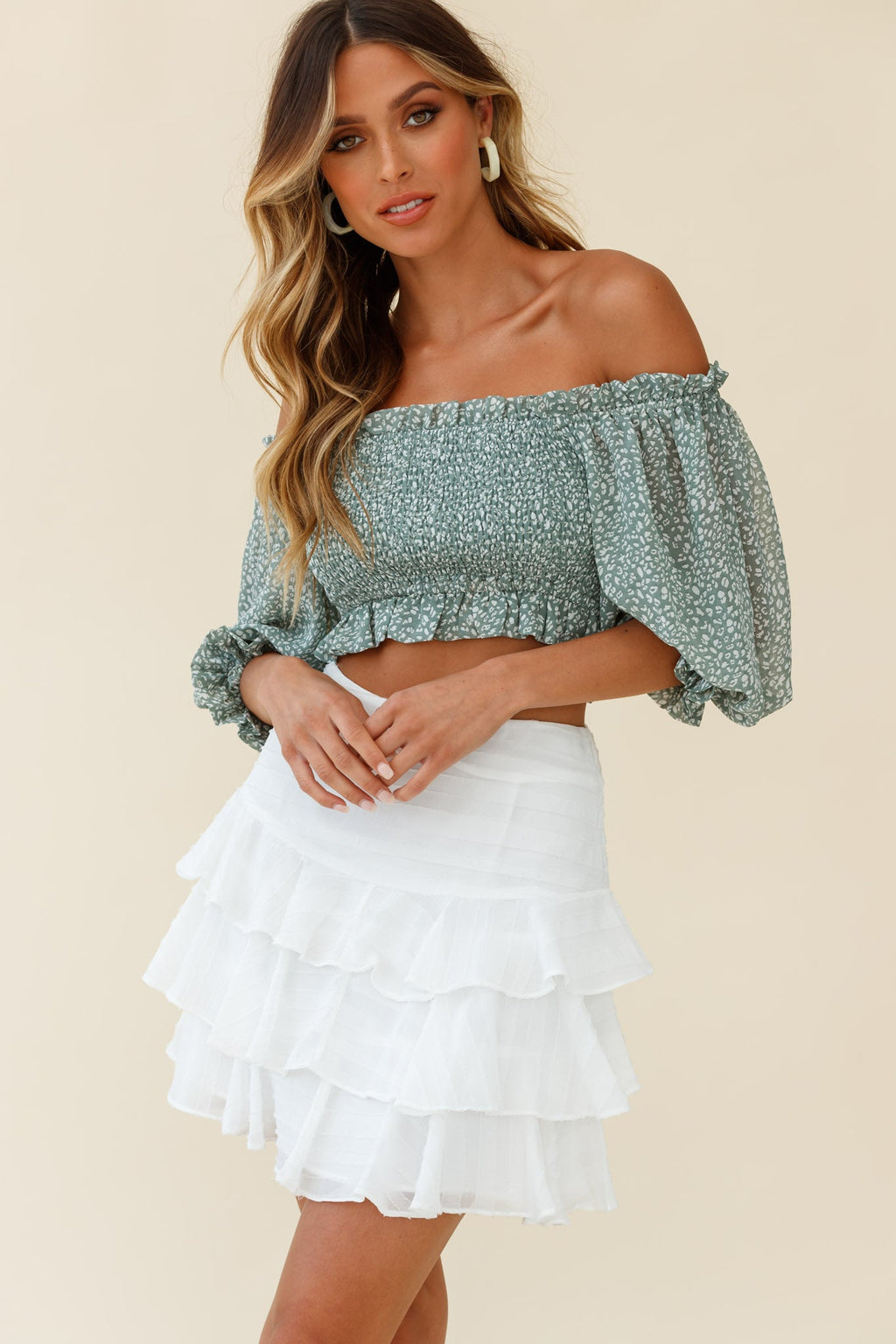 Meet Cute Shirred Bust Off-Shoulder Crop Top Speckle Print Olive by Selfie Leslie