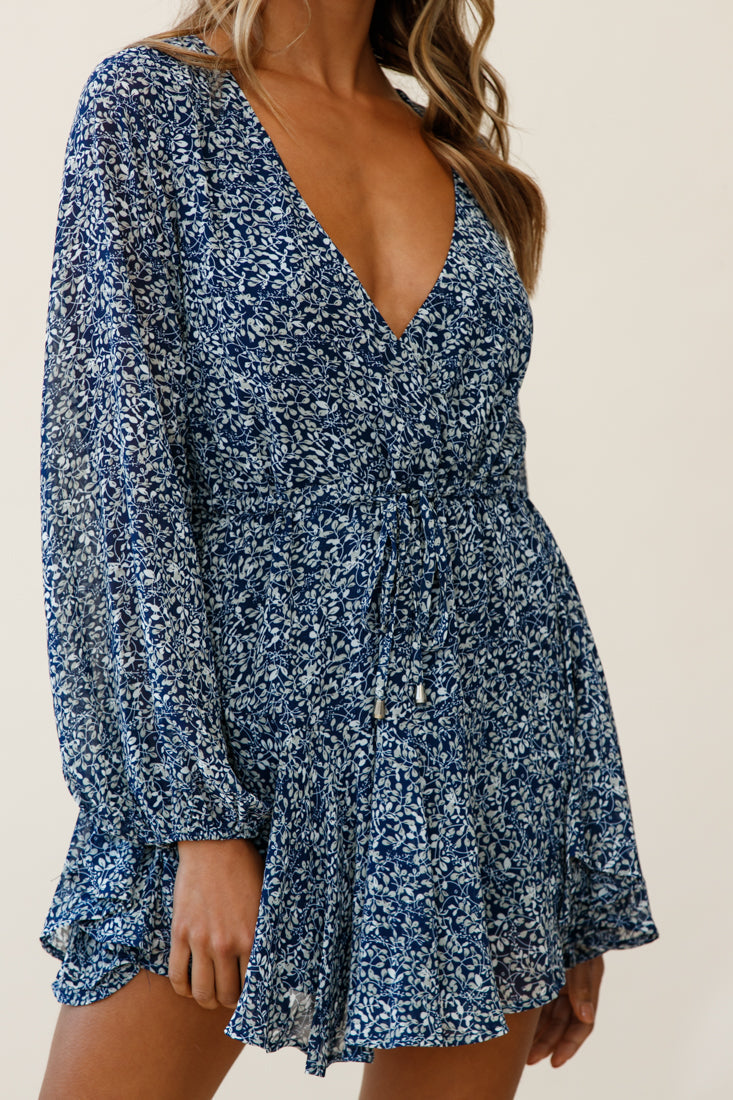 Marlene Long Sleeve Drawstring Waist Dress Floral Print Navy by Selfie Leslie