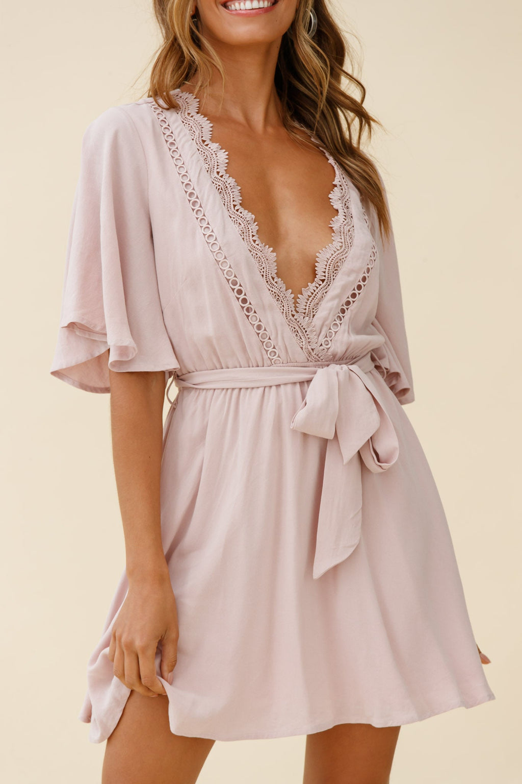 Angela Lace-Trimmed Bust Angel Sleeve Dress Mocha by Selfie Leslie
