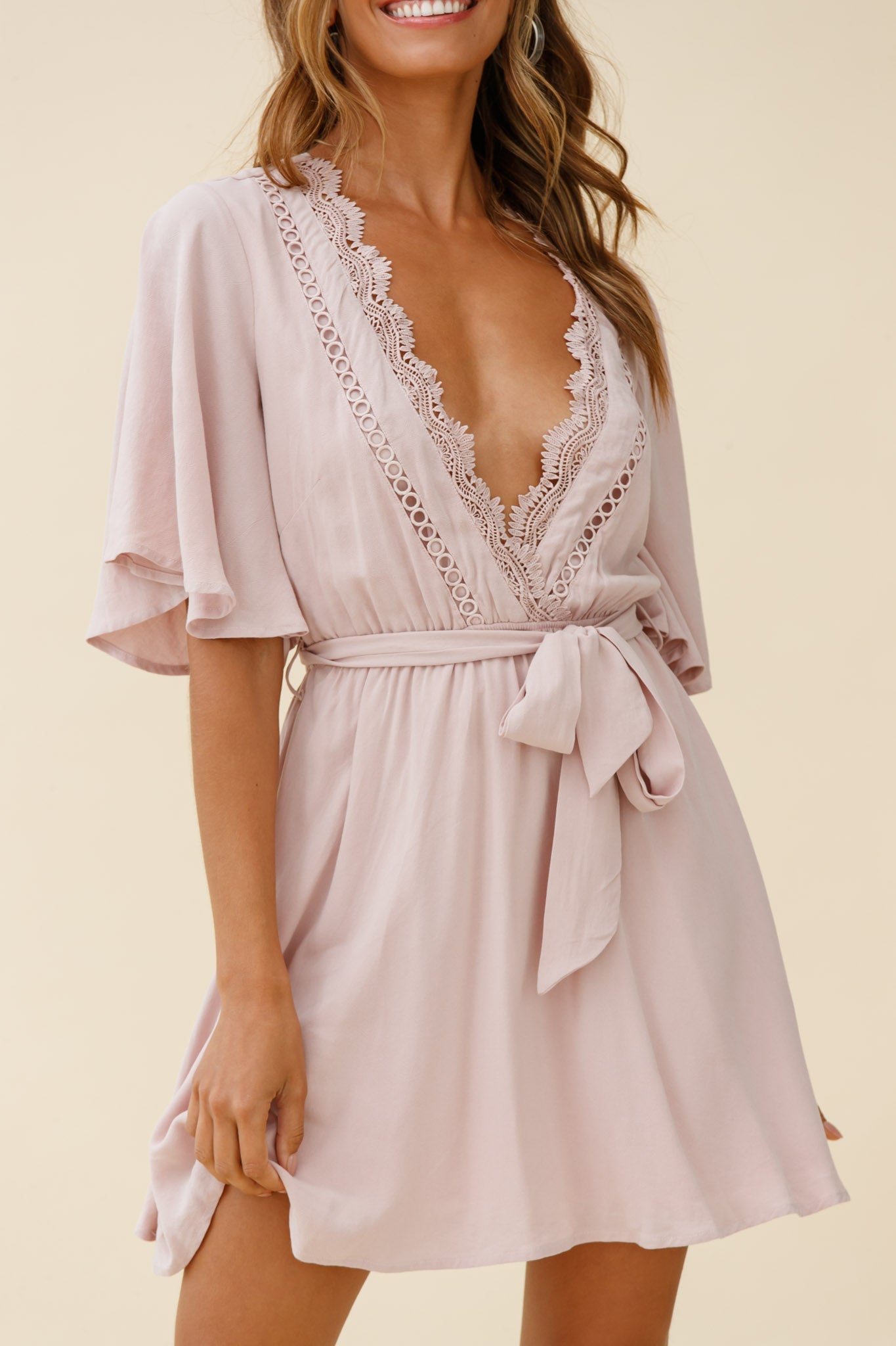 Angela Lace-Trimmed Bust Angel Sleeve Dress Mocha by Selfie Leslie