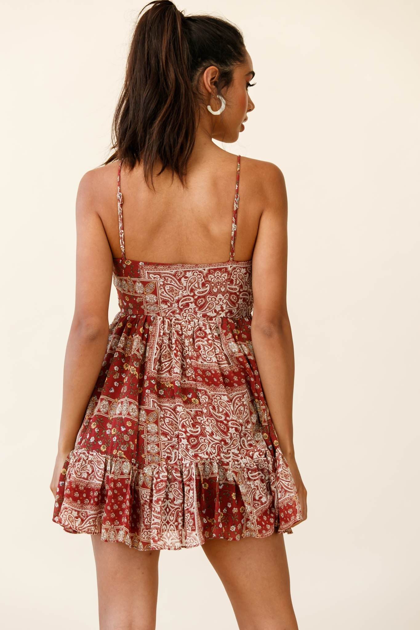 Marja Cami Strap Shirred Baby Doll Dress Paisley Print Burgundy by Selfie Leslie