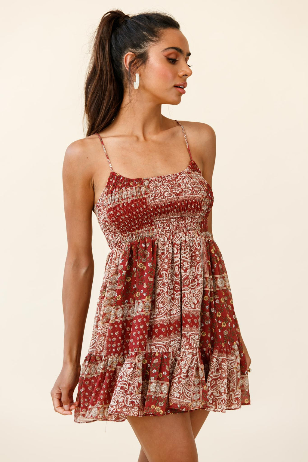 Marja Cami Strap Shirred Baby Doll Dress Paisley Print Burgundy by Selfie Leslie