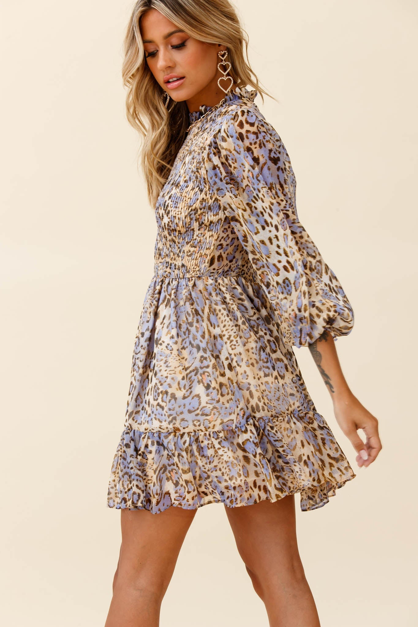 Marja Long Balloon Sleeve Shirred Baby Doll Dress Leopard Print Blue by Selfie Leslie