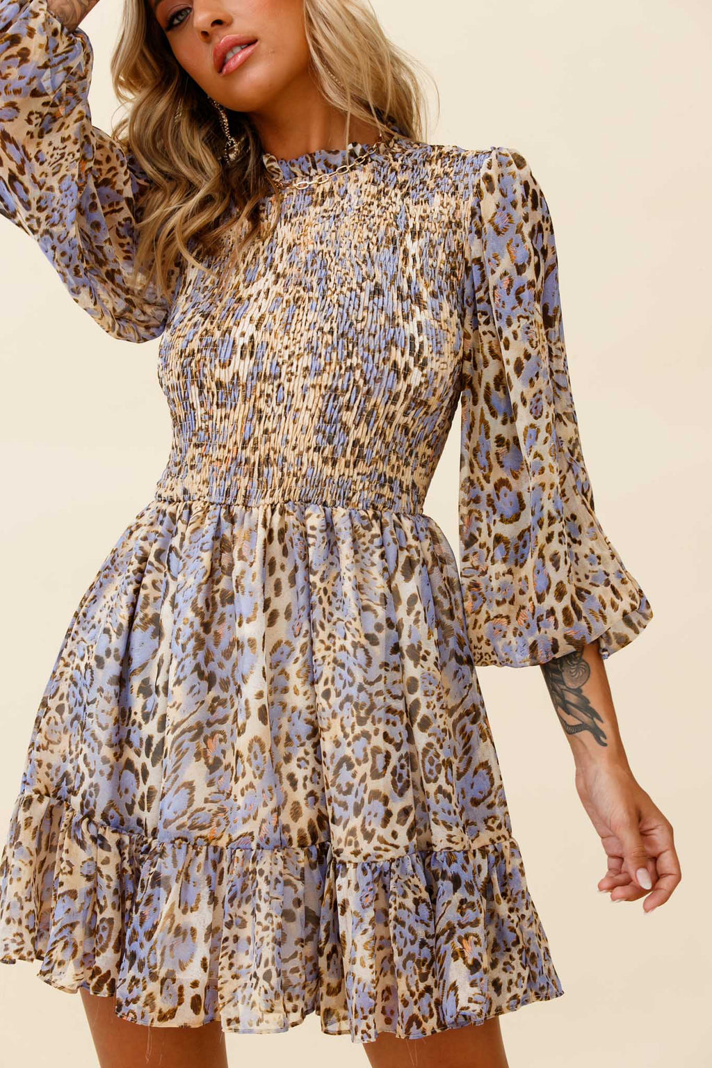 Marja Long Balloon Sleeve Shirred Baby Doll Dress Leopard Print Blue by Selfie Leslie