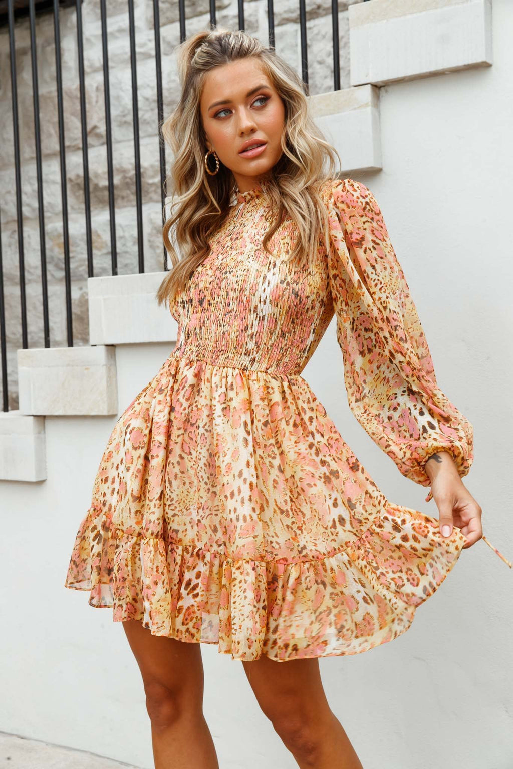 Marja Cami Strap Shirred Baby Doll Dress Leopard Print Pink by Selfie Leslie