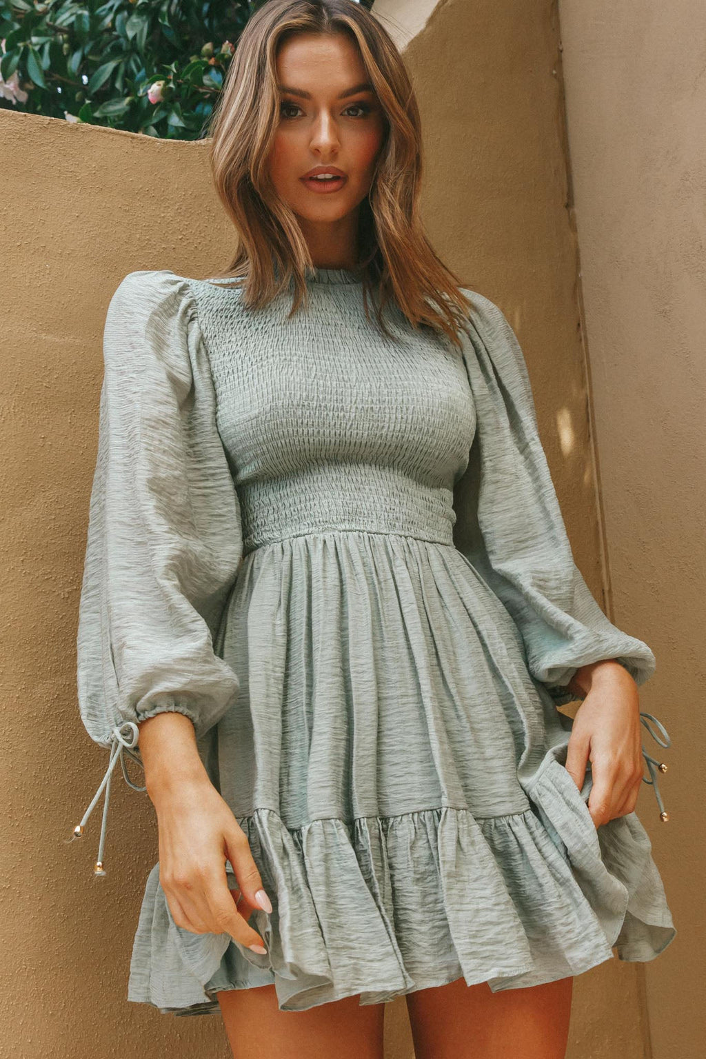 Secret Garden Long Sleeve Smocked Bodice Dress Olive by Selfie Leslie