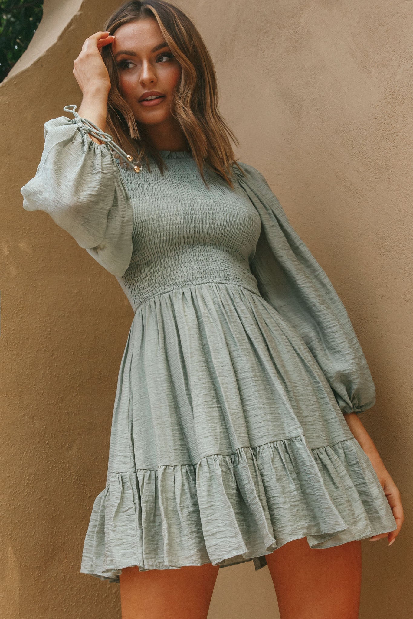 Secret Garden Long Sleeve Smocked Bodice Dress Olive by Selfie Leslie