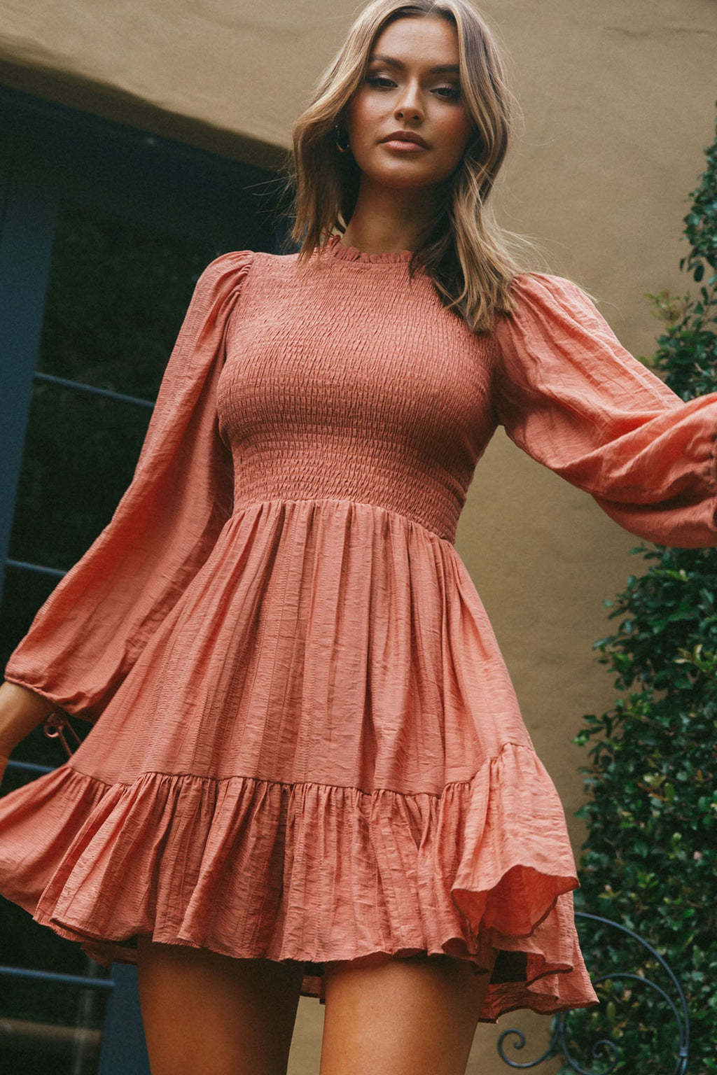 Secret Garden Long Sleeve Smocked Bodice Dress Rose by Selfie Leslie