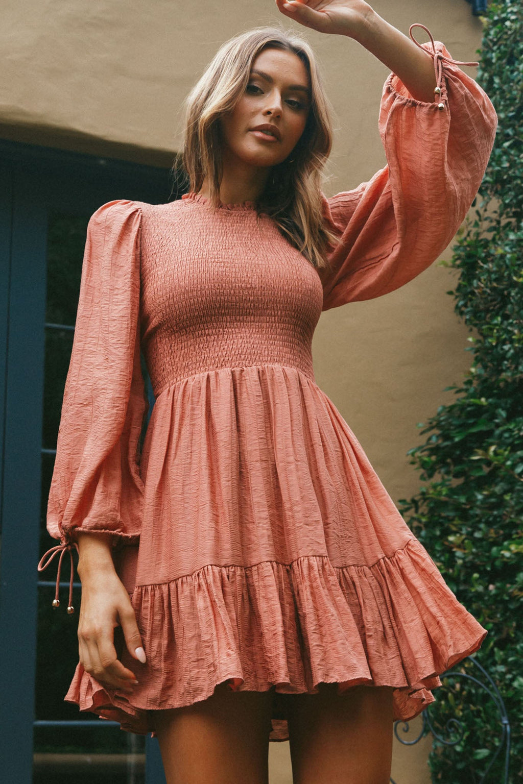 Secret Garden Long Sleeve Smocked Bodice Dress Rose by Selfie Leslie