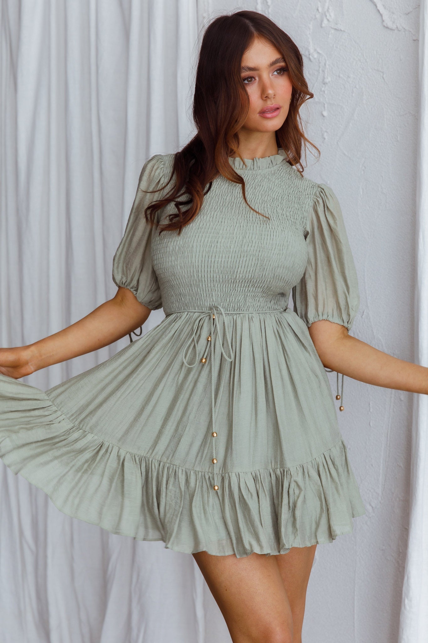 Secret Garden Puff Sleeve Smocked Bodice Dress Avocado by Selfie Leslie
