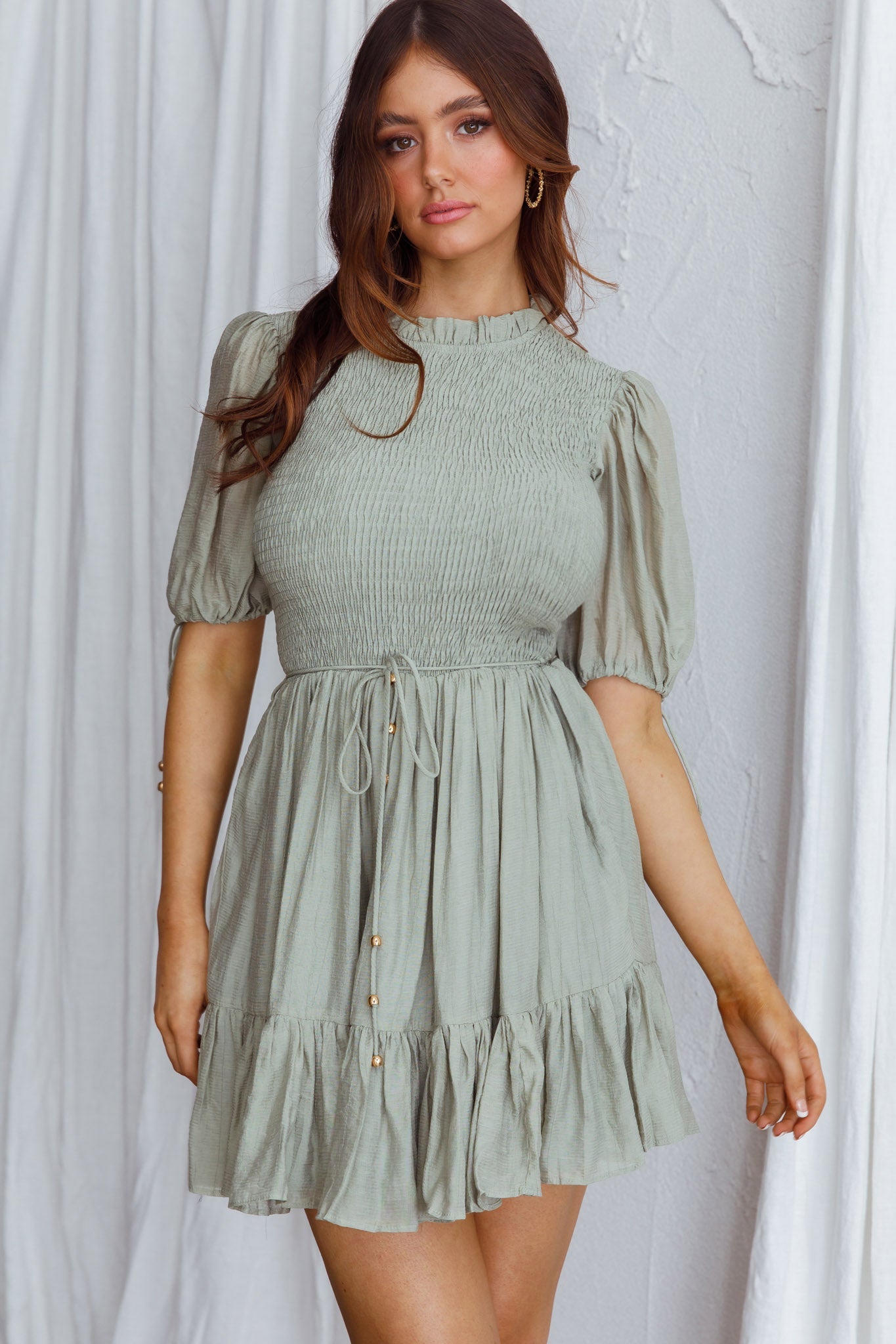 Secret Garden Puff Sleeve Smocked Bodice Dress Avocado by Selfie Leslie