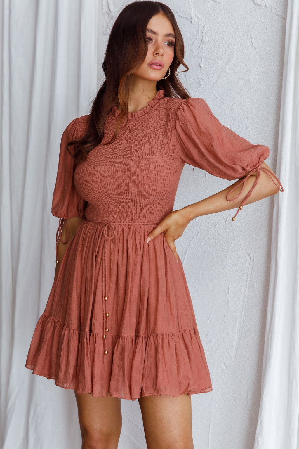 Secret Garden Puff Sleeve Smocked Bodice Dress Mocha by Selfie Leslie