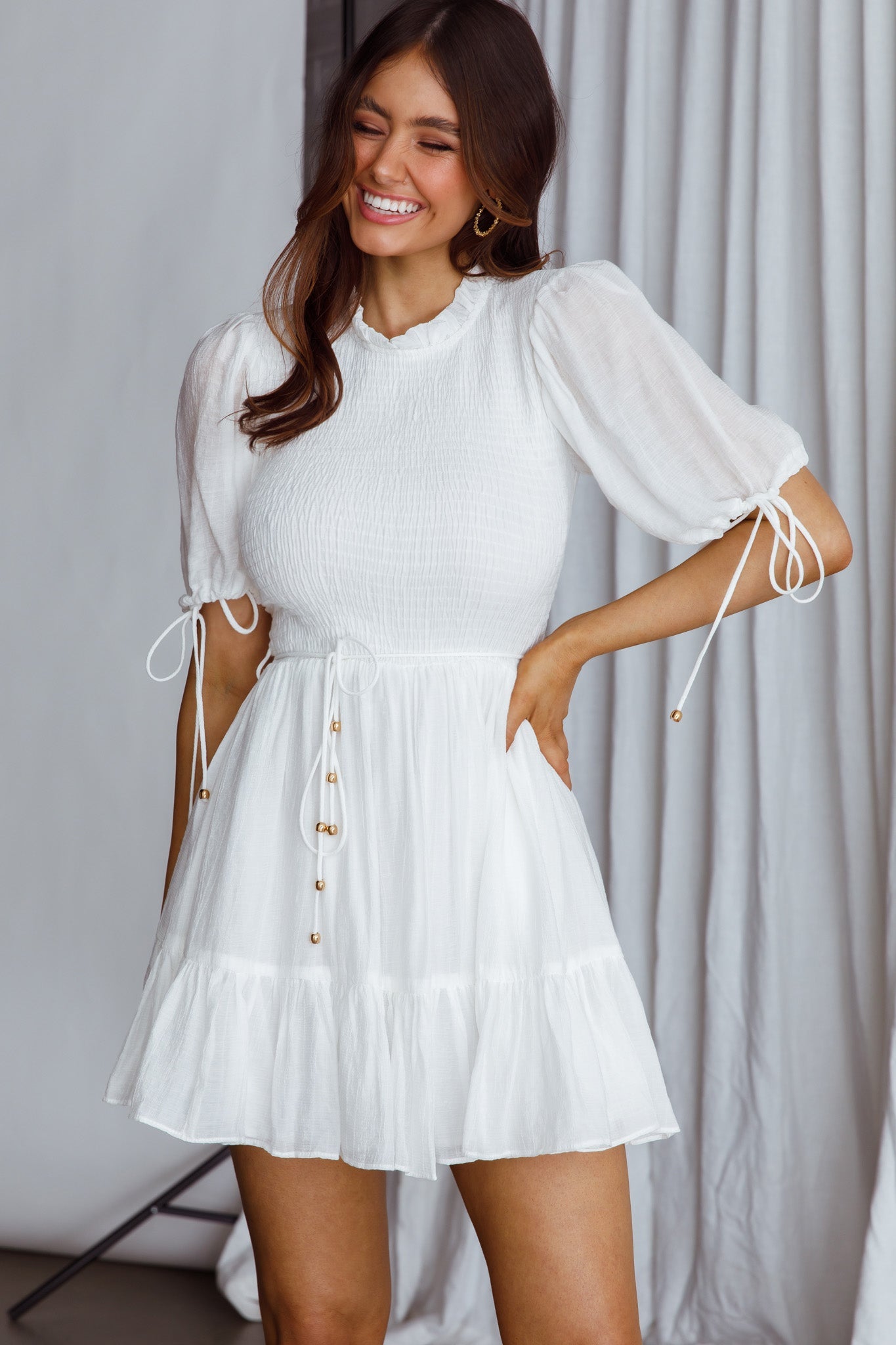 Secret Garden Puff Sleeve Smocked Bodice Dress White by Selfie Leslie