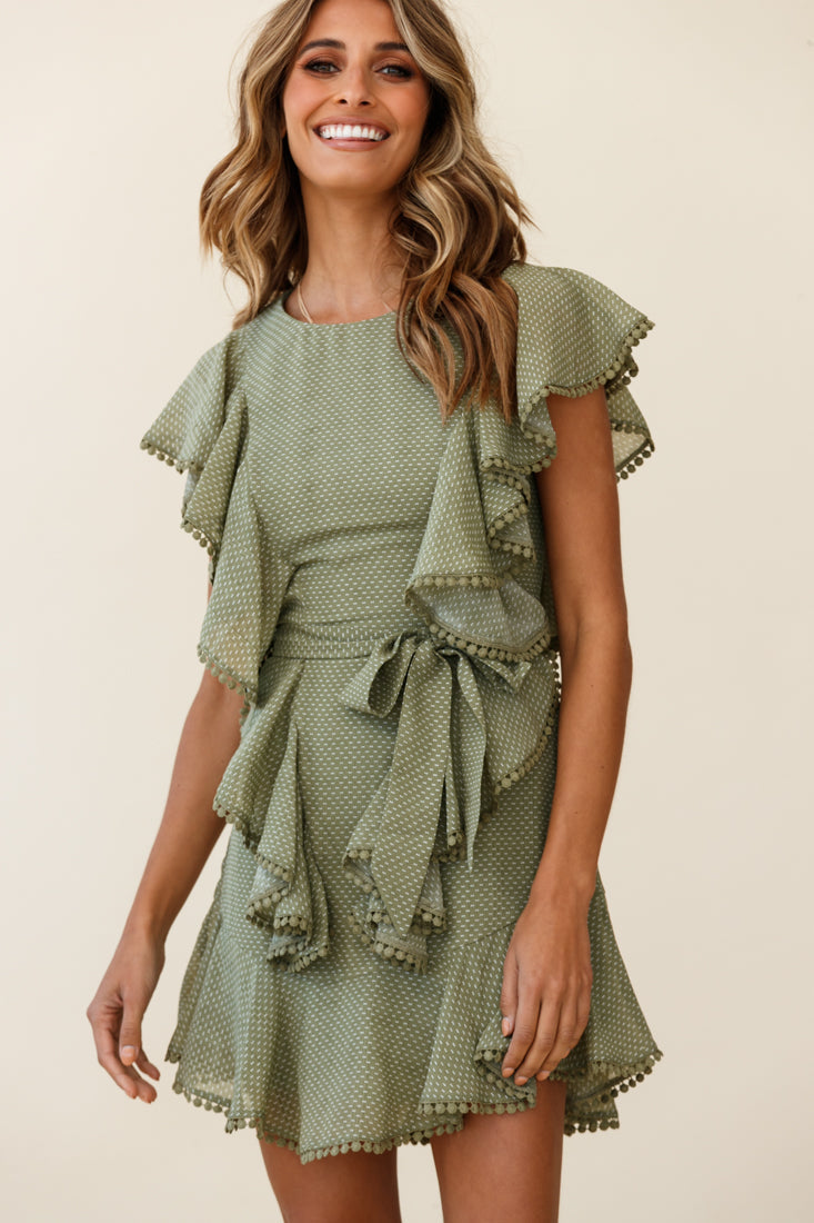 Deandra Ruffle Insert Waist Tie Dress Dash Pattern Olive by Selfie Leslie