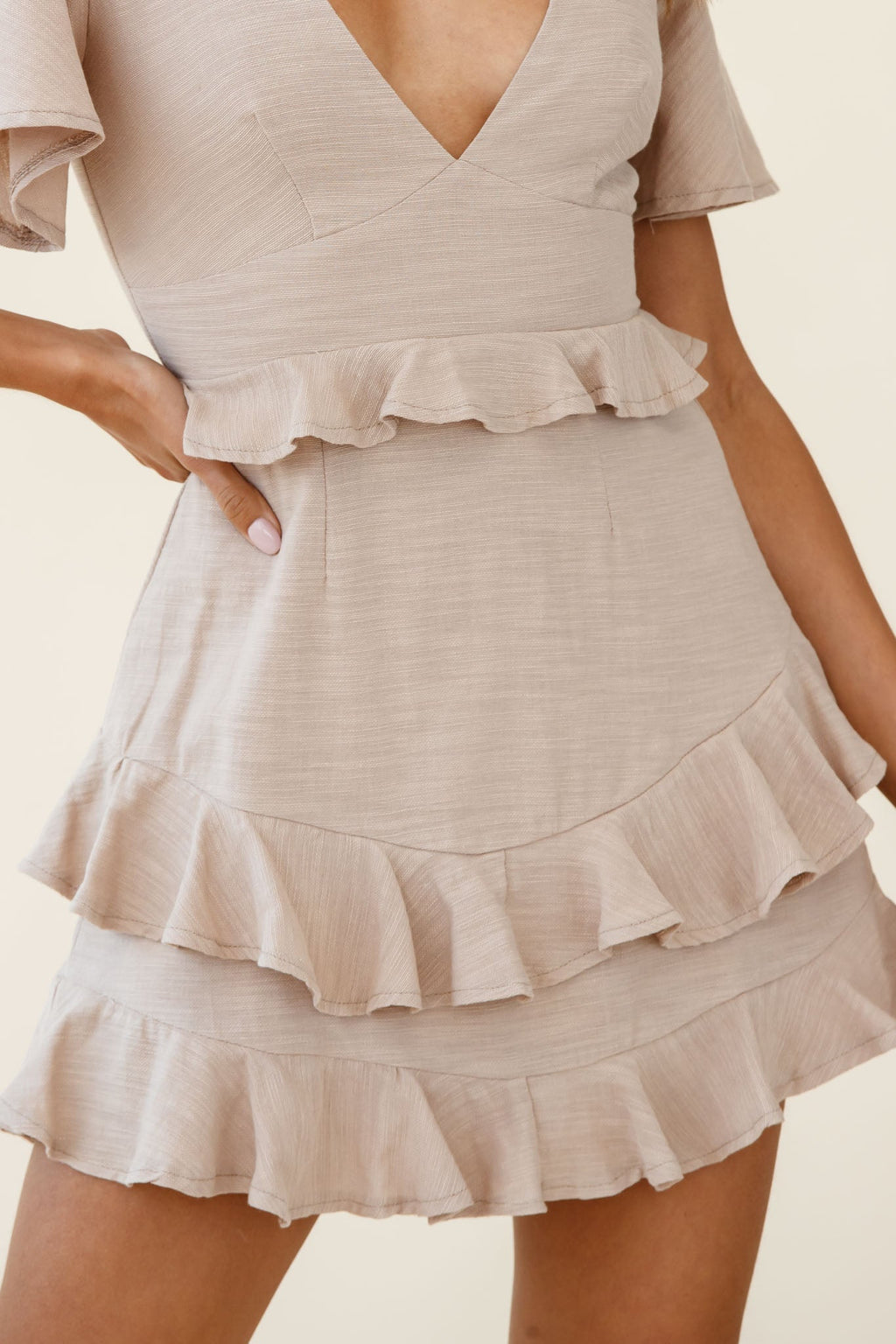 Queenie Angel Sleeve Ruffle Trim Dress Mocha by Selfie Leslie