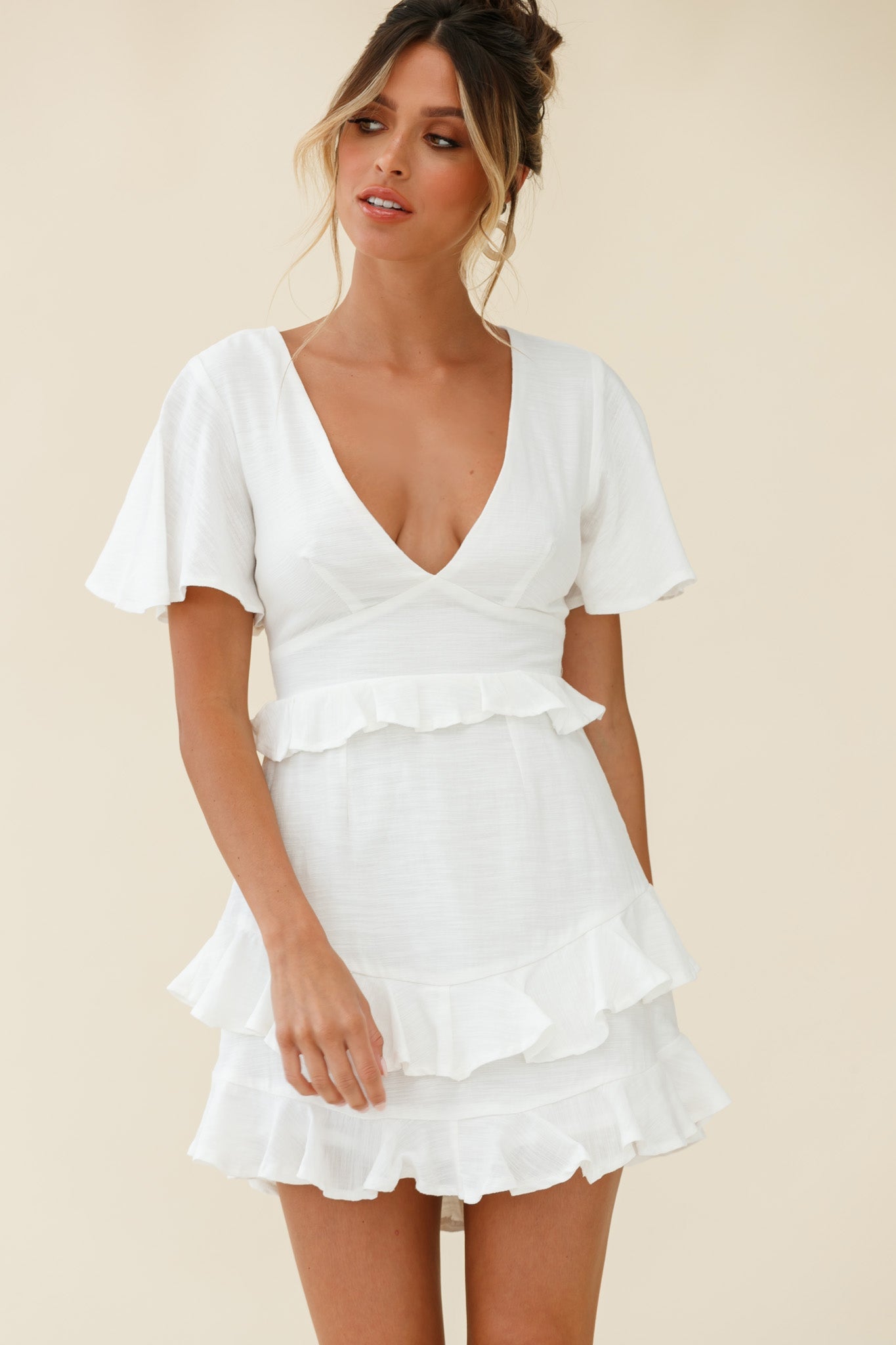 Queenie Angel Sleeve Ruffle Trim Dress White by Selfie Leslie