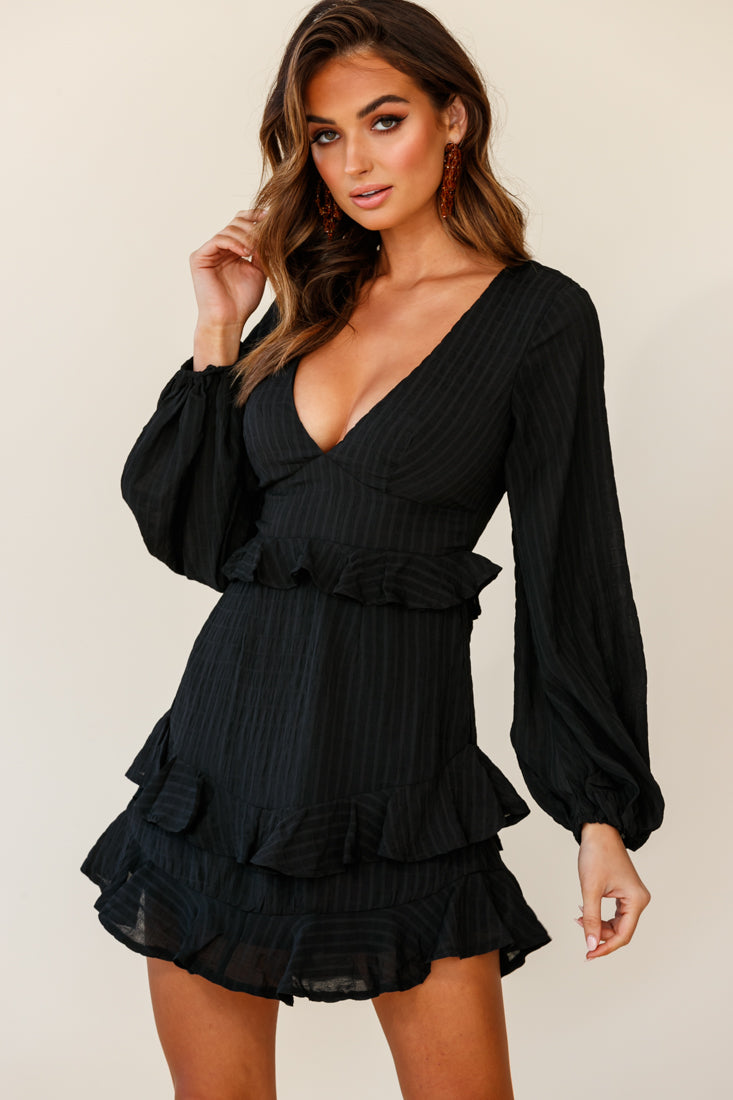 Queenie Long Balloon Sleeve Ruffle Trim Dress Black by Selfie Leslie