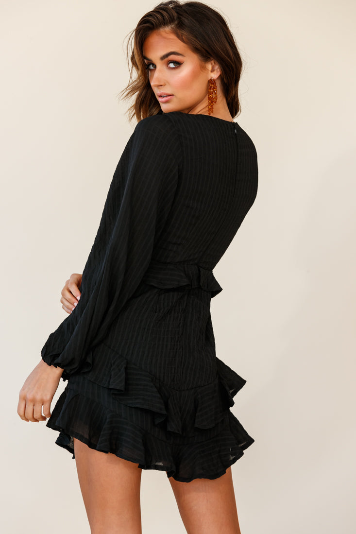 Queenie Long Balloon Sleeve Ruffle Trim Dress Black by Selfie Leslie