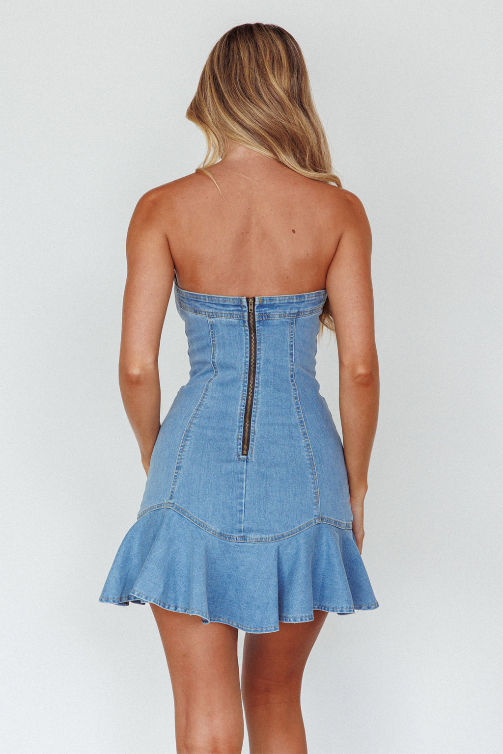 Cathlin Strapless Ruffle Hem Dress Blue by Selfie Leslie Australia