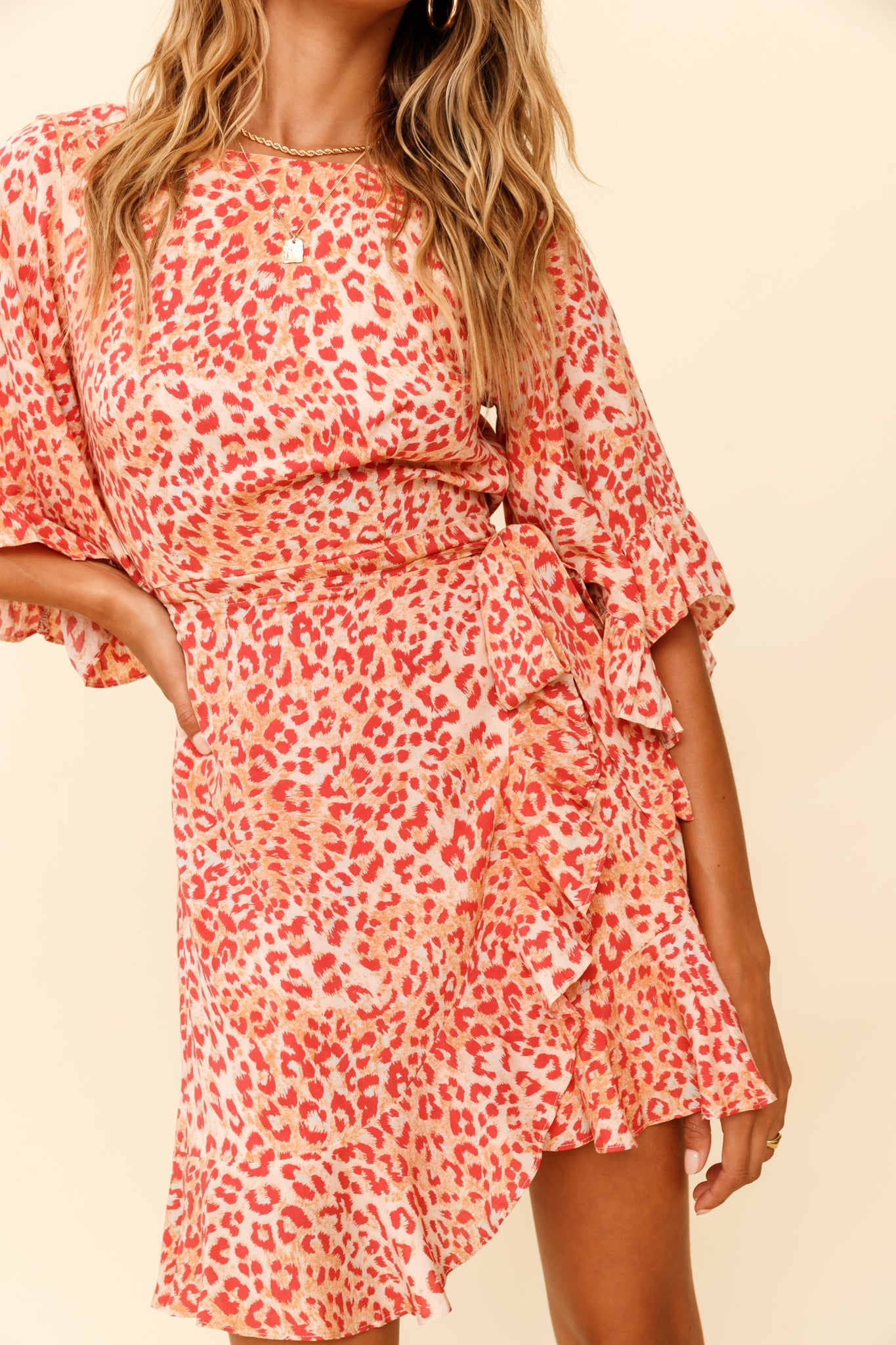 Make It Happen Flared Sleeve Ruffle Trim Dress Leopard Print Orange by Selfie Leslie