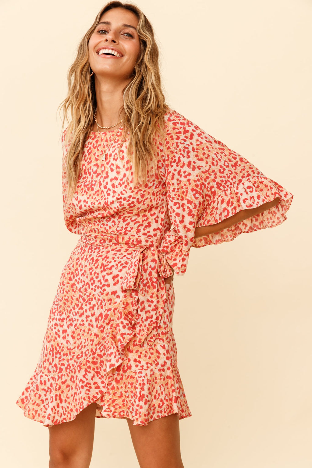 Make It Happen Flared Sleeve Ruffle Trim Dress Leopard Print Orange by Selfie Leslie