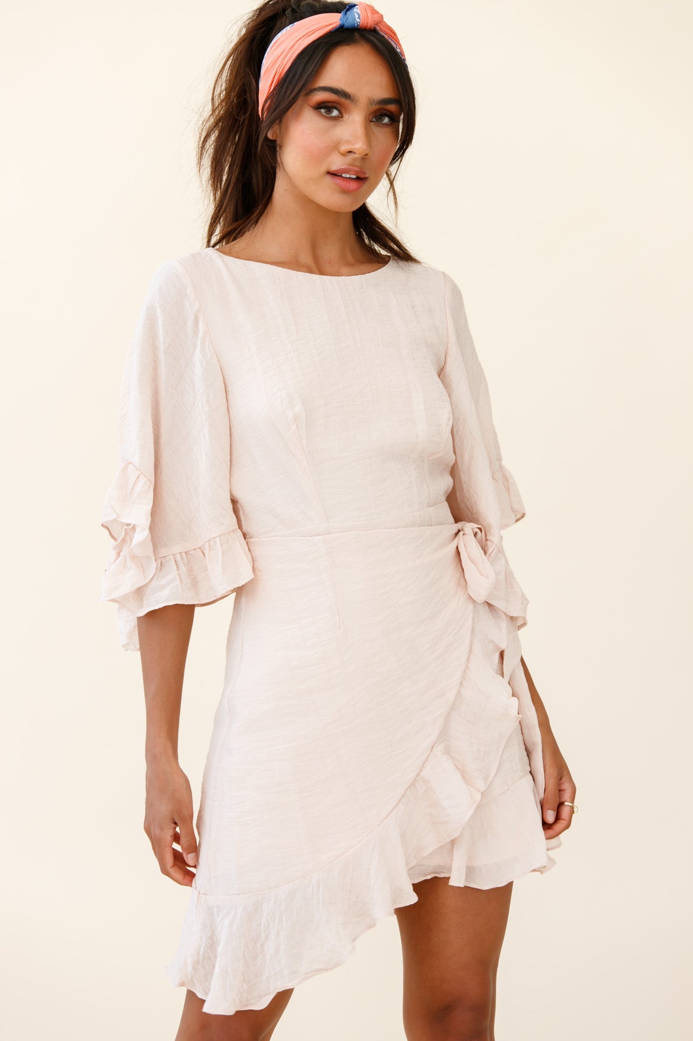 Make It Happen Flared Sleeve Ruffle Trim Dress Beige by Selfie Leslie