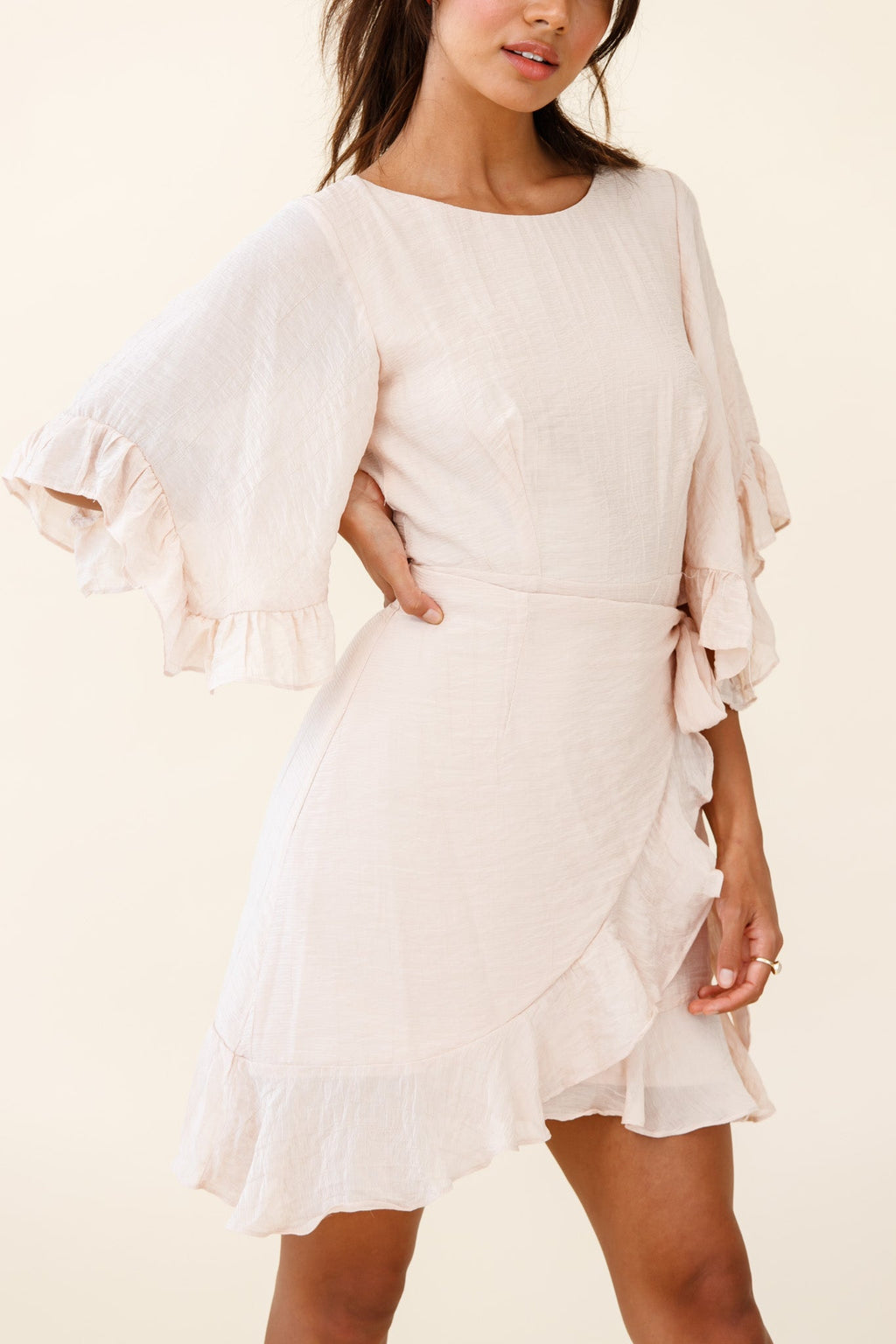 Make It Happen Flared Sleeve Ruffle Trim Dress Beige by Selfie Leslie