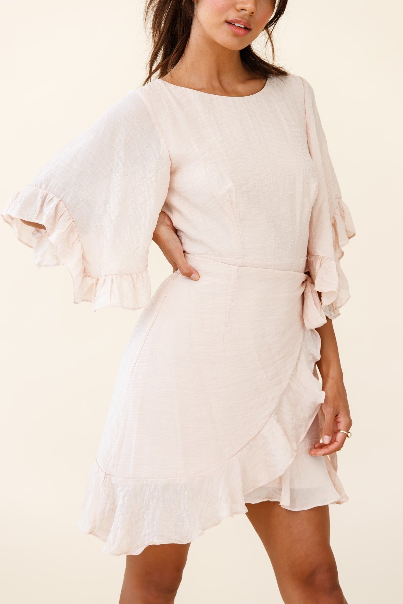 Make It Happen Flared Sleeve Ruffle Trim Dress Beige by Selfie Leslie