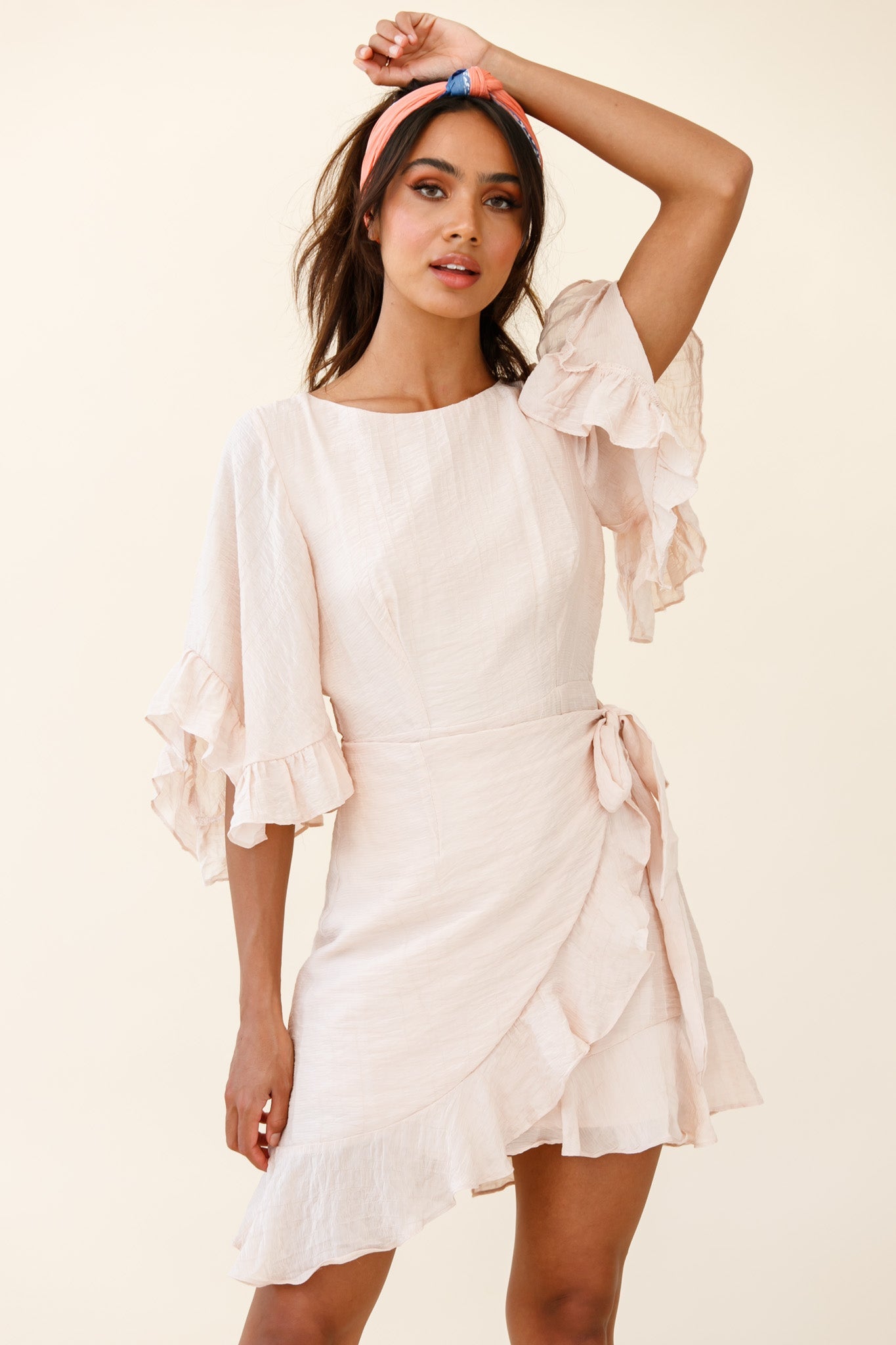 Make It Happen Flared Sleeve Ruffle Trim Dress Beige by Selfie Leslie