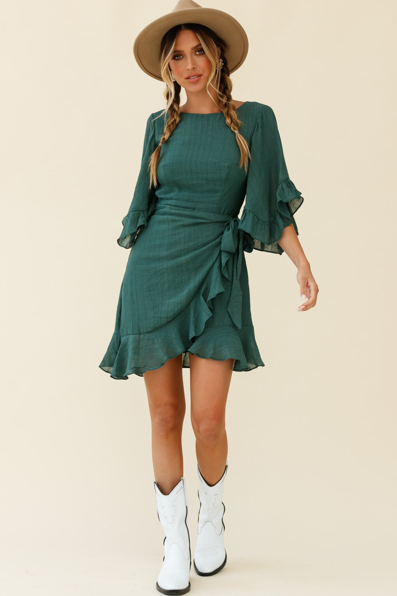 Make It Happen Flared Sleeve Ruffle Trim Dress Green by Selfie Leslie