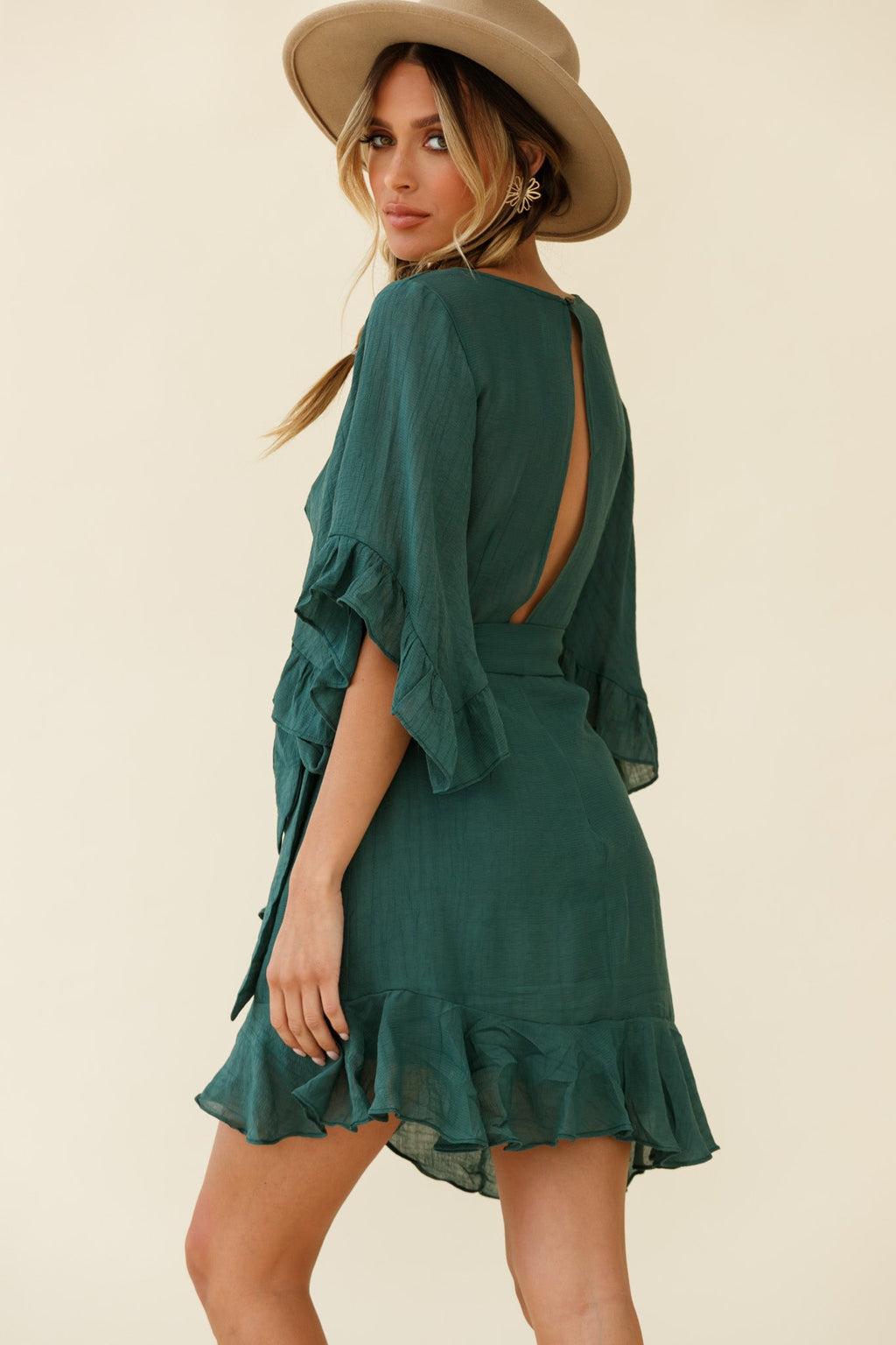 Make It Happen Flared Sleeve Ruffle Trim Dress Green by Selfie Leslie