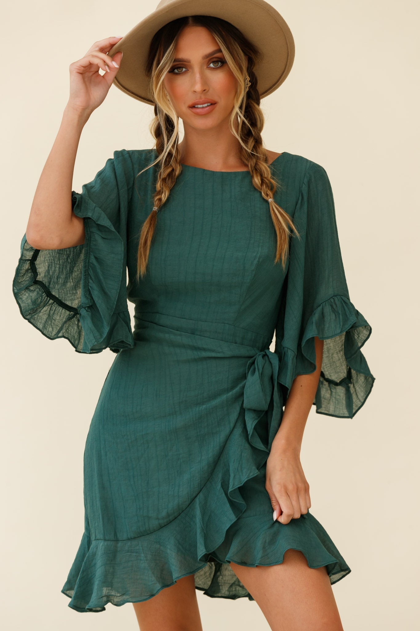 Make It Happen Flared Sleeve Ruffle Trim Dress Green by Selfie Leslie