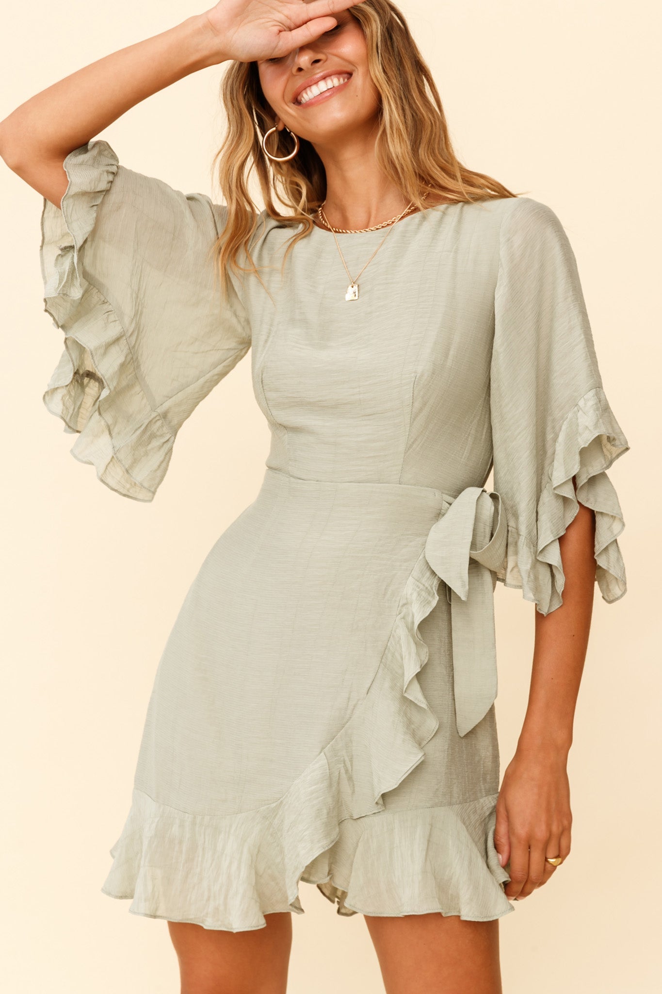 Make It Happen Flared Sleeve Ruffle Trim Dress Pistachio by Selfie Leslie