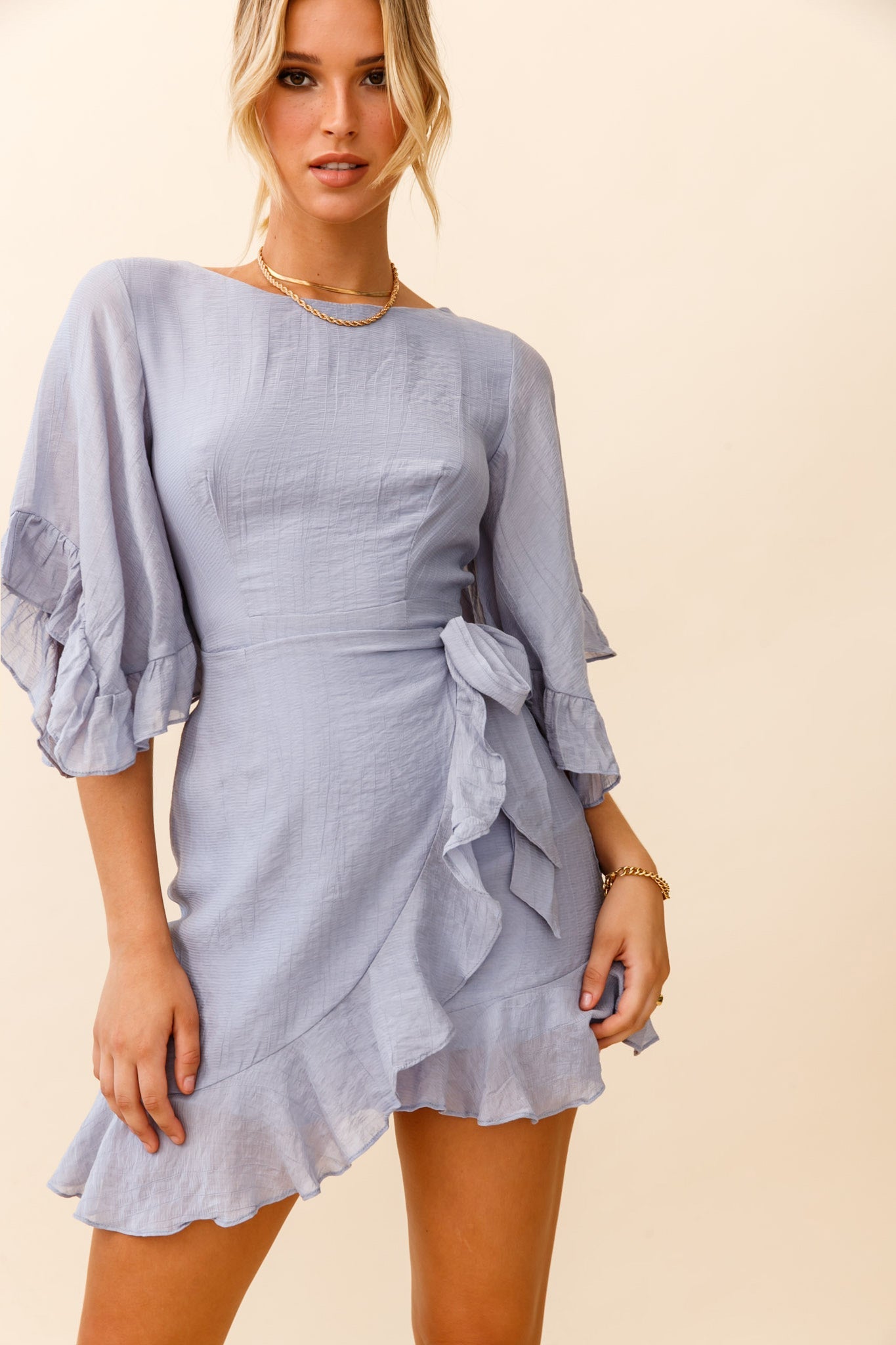 Make It Happen Flared Sleeve Ruffle Trim Dress Steel Blue by Selfie Leslie