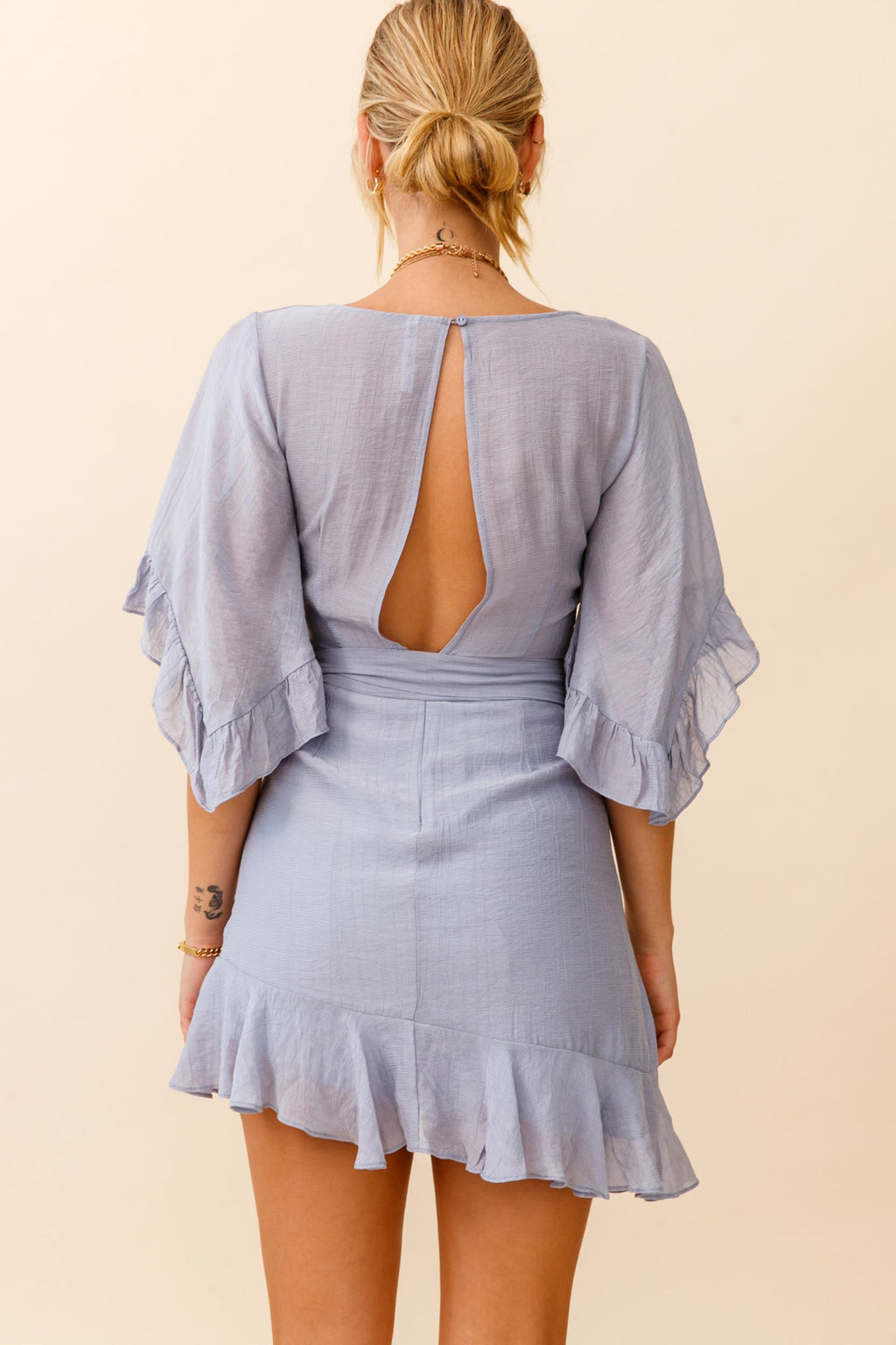 Make It Happen Flared Sleeve Ruffle Trim Dress Steel Blue by Selfie Leslie