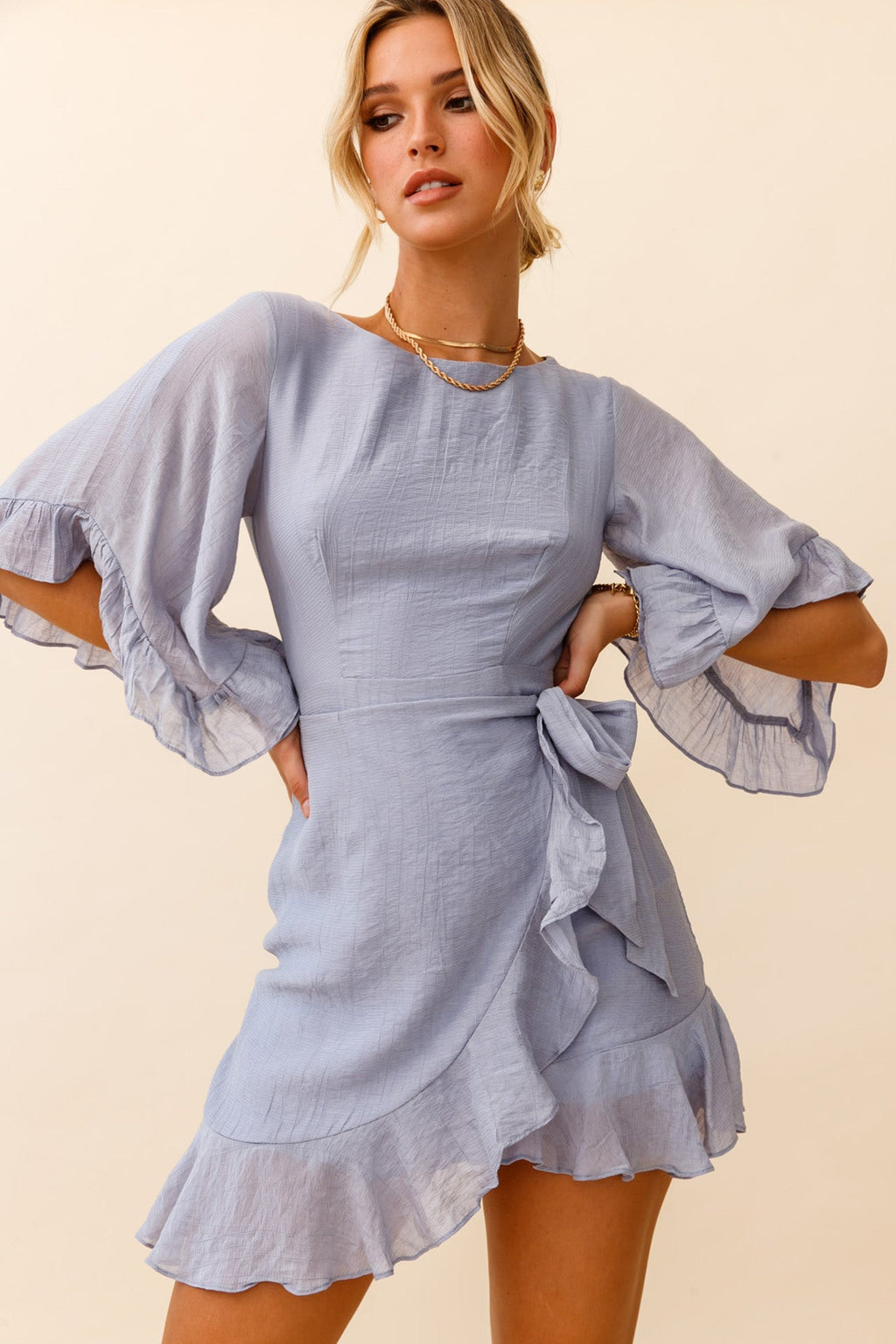 Make It Happen Flared Sleeve Ruffle Trim Dress Steel Blue by Selfie Leslie