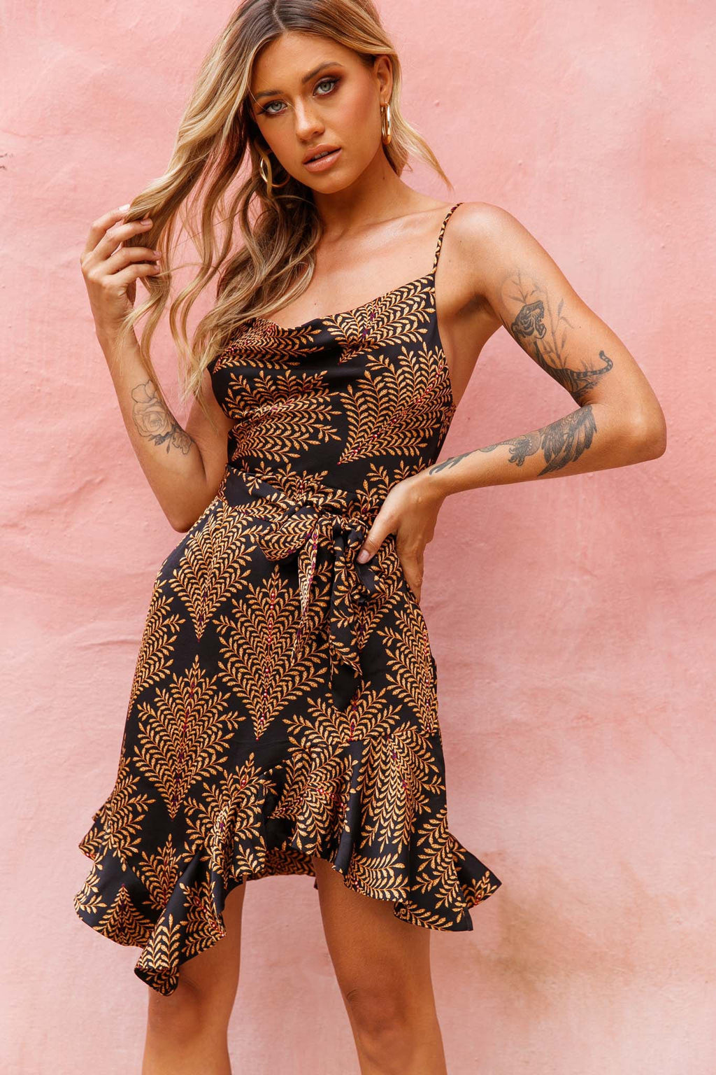On The Prowl Cowl Neck Asymmetrical Hem Dress Leaf Print Mustard by Selfie Leslie