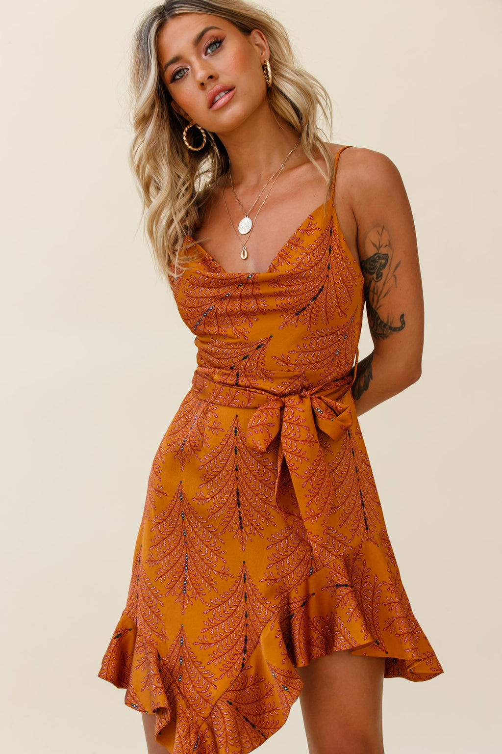 On The Prowl Cowl Neck Asymmetrical Hem Dress Leaf Print Tan by Selfie Leslie
