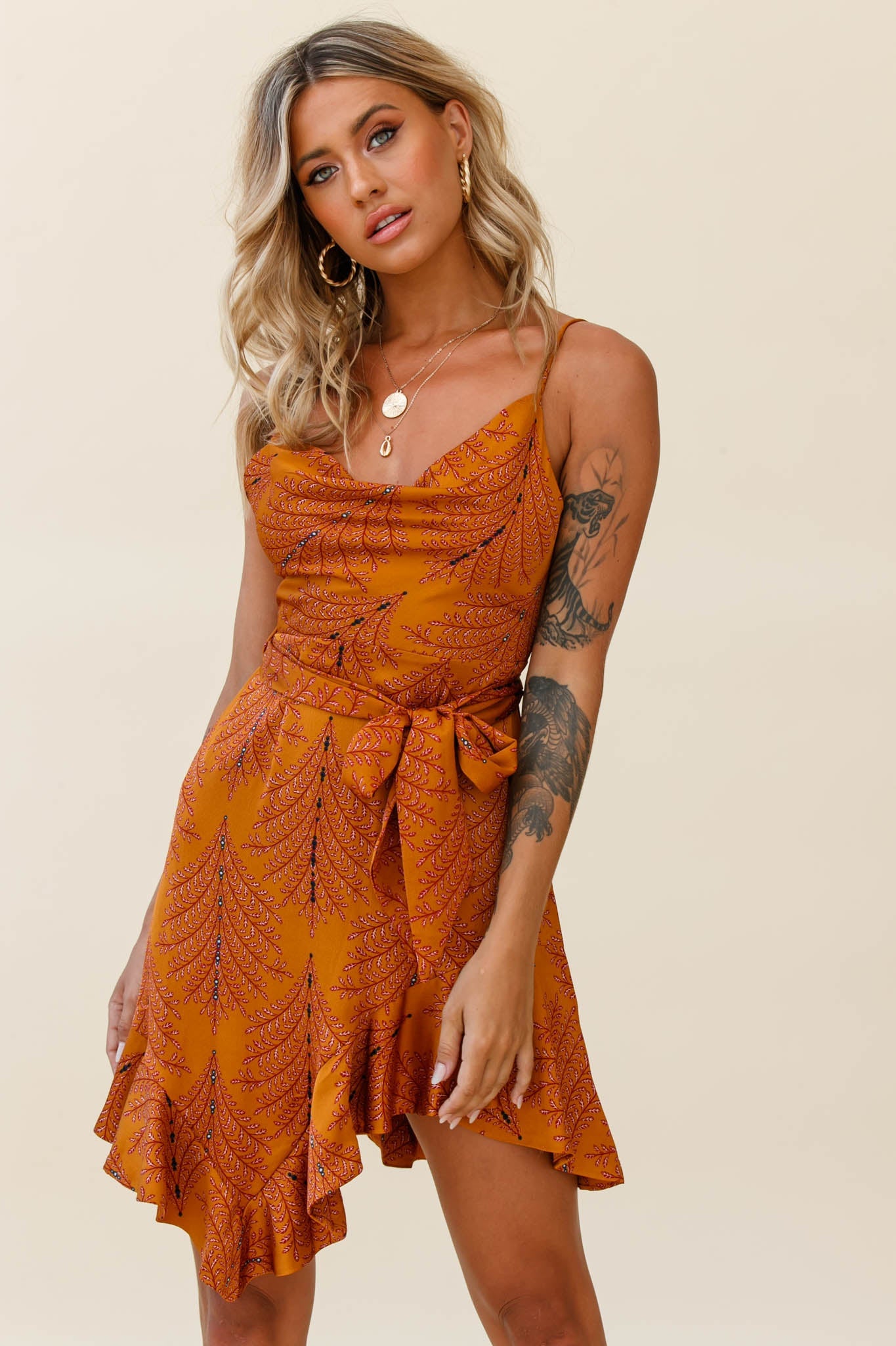 On The Prowl Cowl Neck Asymmetrical Hem Dress Leaf Print Tan by Selfie Leslie