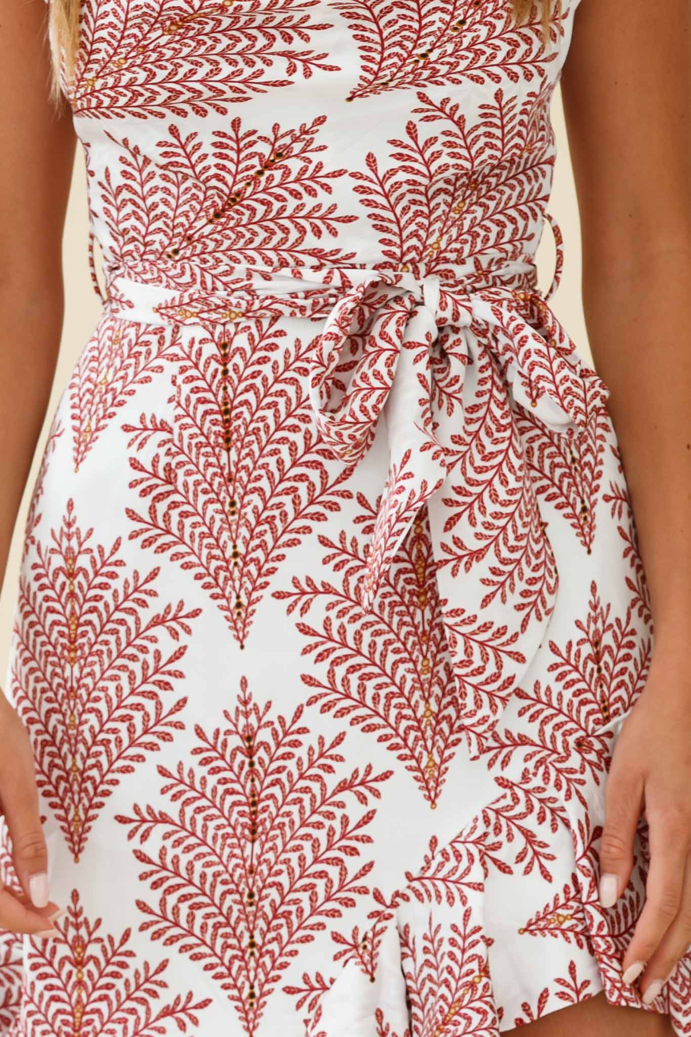 On The Prowl Cowl Neck Asymmetrical Hem Dress Leaf Print White by Selfie Leslie