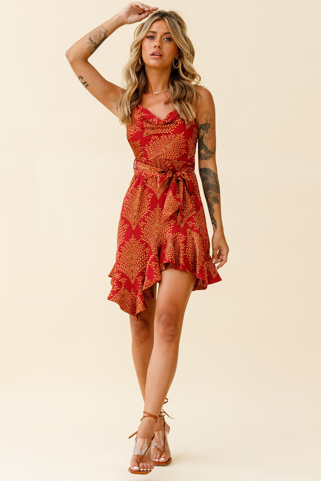 On The Prowl Cowl Neck Asymmetrical Hem Dress Leaf Print Wine by Selfie Leslie