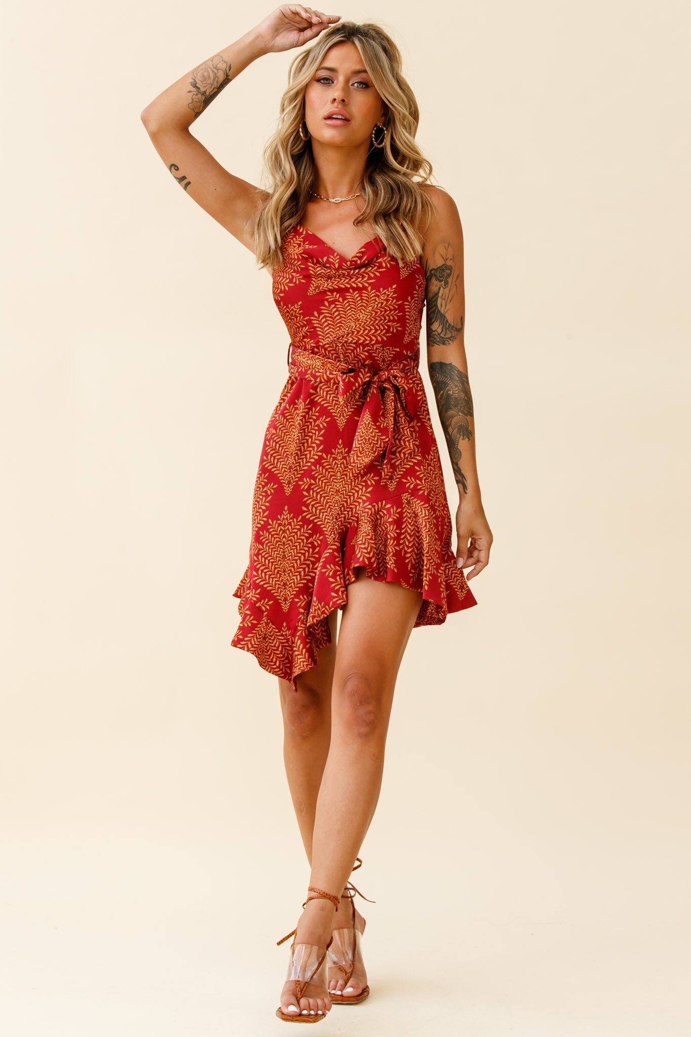 On The Prowl Cowl Neck Asymmetrical Hem Dress Leaf Print Wine by Selfie Leslie