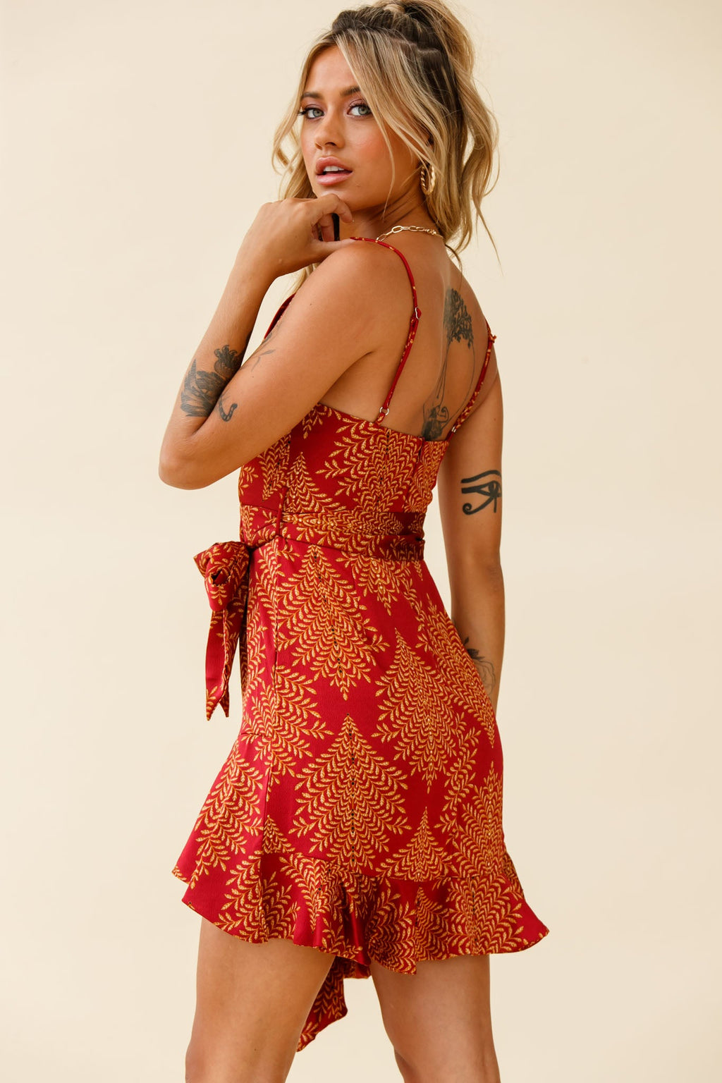 On The Prowl Cowl Neck Asymmetrical Hem Dress Leaf Print Wine by Selfie Leslie