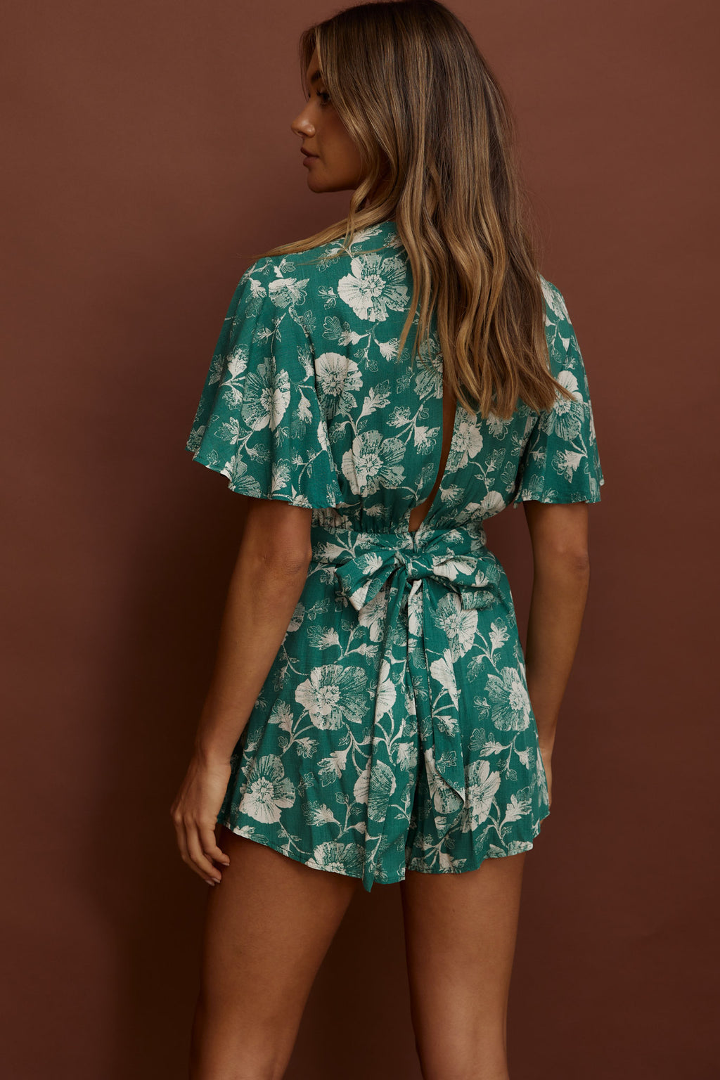 Unconditional Plunging Wrap Style Romper Floral Green by Selfie Leslie Australia