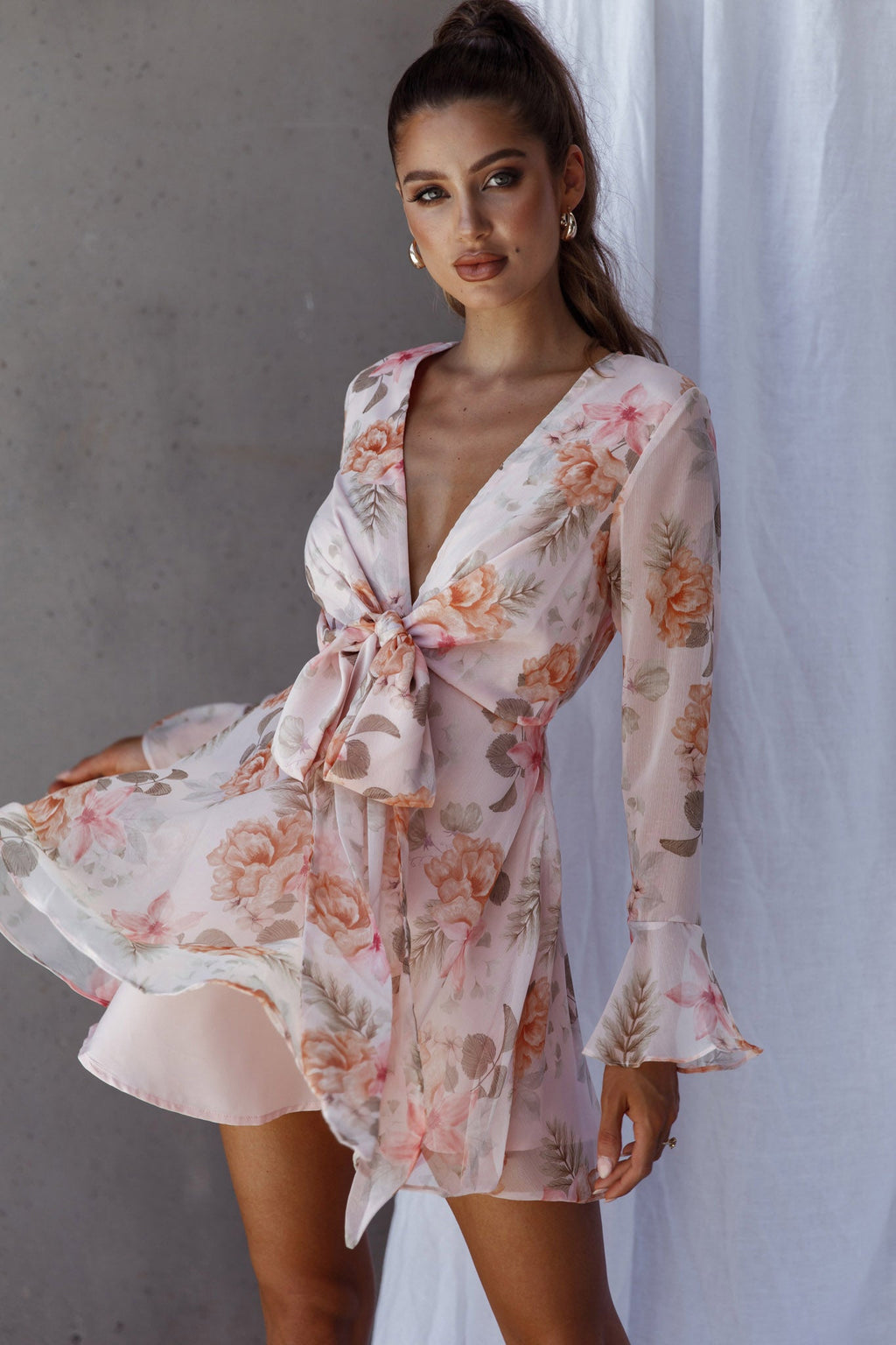 Unconditional Tied Front Dress Floral Blush by Selfie Leslie