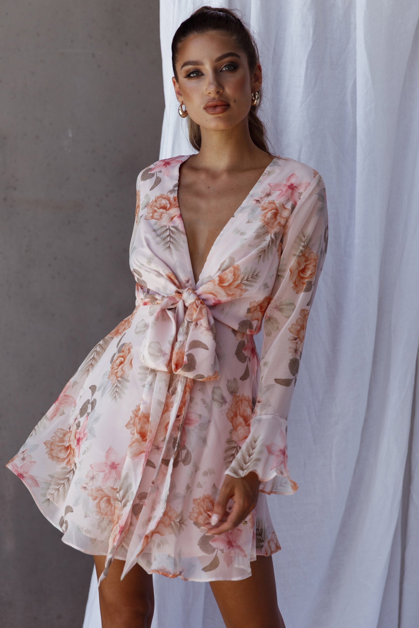 Unconditional Tied Front Dress Floral Blush by Selfie Leslie