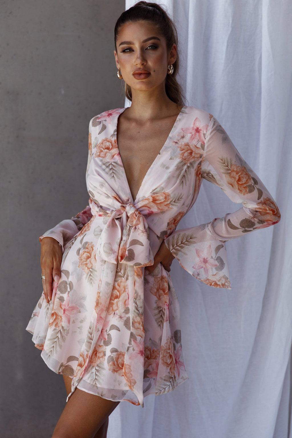 Unconditional Tied Front Dress Floral Blush by Selfie Leslie