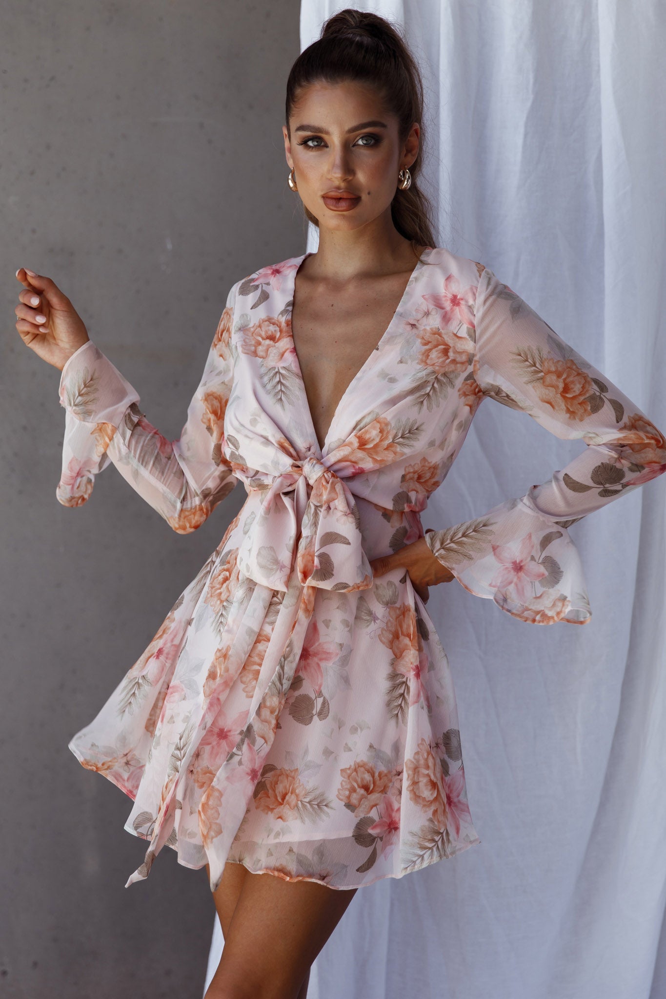 Unconditional Tied Front Dress Floral Blush by Selfie Leslie