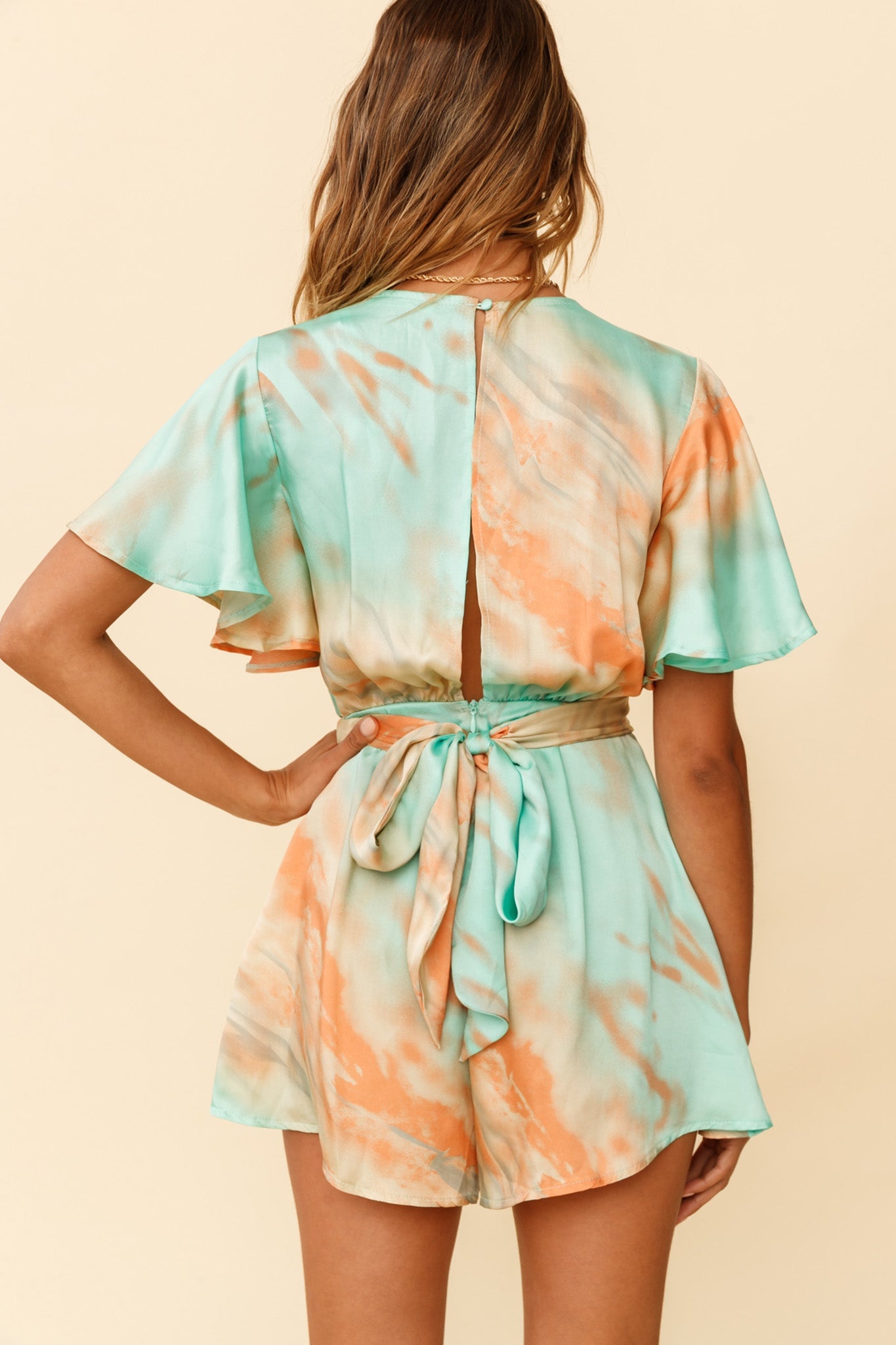 Unconditional Plunging Wrap Style Romper Marbled Tie Dye Aqua/Orange by Selfie Leslie